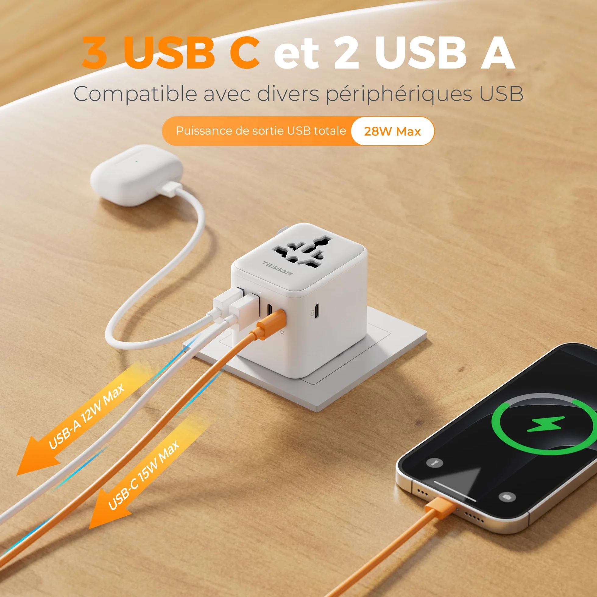 TESSAN Adaptateur Prise Universelle Voyage 5 USB 28W International France vers USA Angleterre Thaïlande Japon Australie Chine