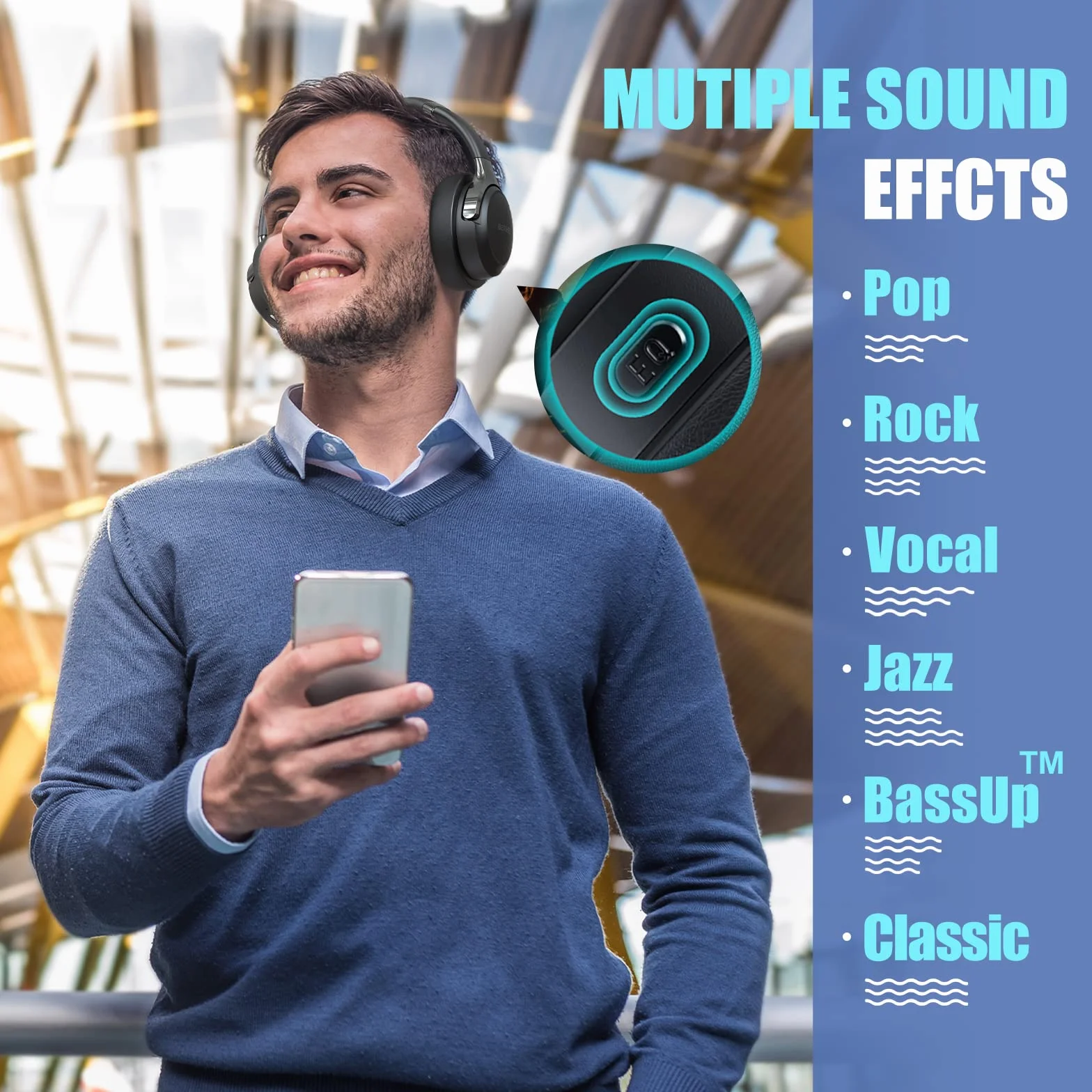 BERIBES Casque Bluetooth sans Fil 65 h Micro 6 Modes EQ Style Around-Ear avec Microphone pour iPhone iPad Android Ordinateurs Portables