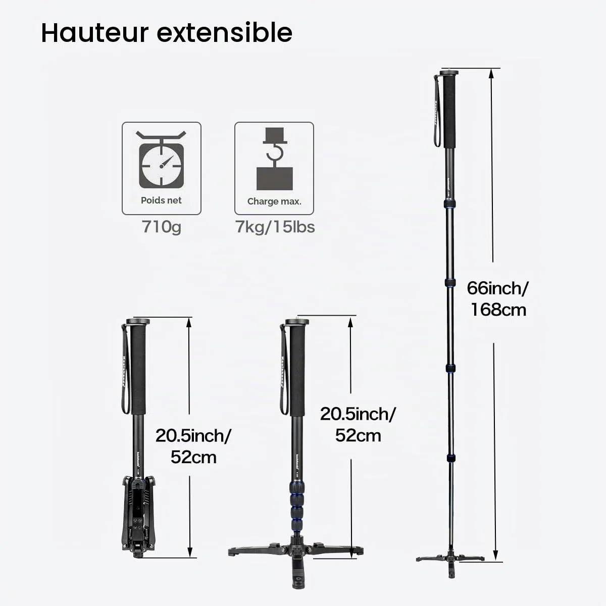 Koolehaoda Monopode Extensible pour Appareil Photo en Alliage d'aluminium avec Base de Support pour trépied, 5 Sections 52 cm-168 cm réglables pour appareils Photo Reflex, Charge utile jusqu'à 7 kg