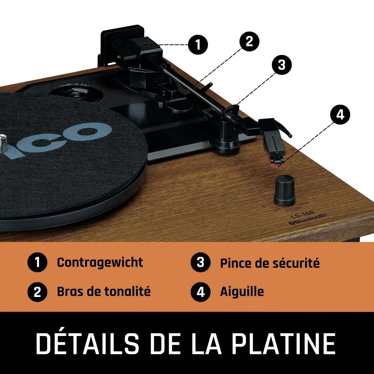 Lenco LS-100 Hi-FI Platine Vinyle avec Bluetooth 5.0 - Tourne Disque avec Haut-Parleur Externe 2 x 10 W RMS - Transmission par Courroie - Arrêt Automatique - Bois