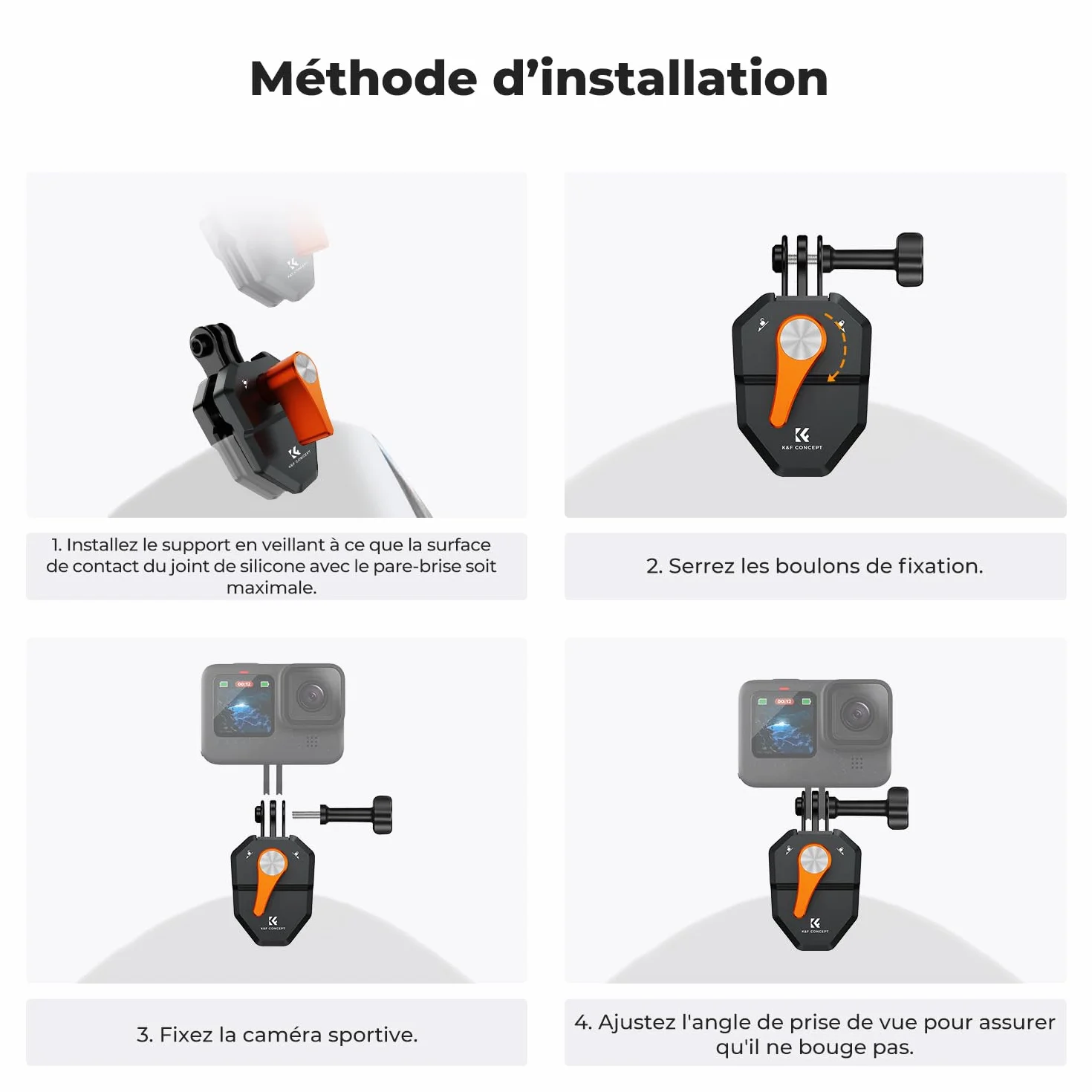 K&F CONCEPT Pince Fixation Pare-Brise Moto Clip Support Aluminium pour Caméra d'Action GoPro DJI Osmo Action 3/4/5 Pro DJI Osmo 360
