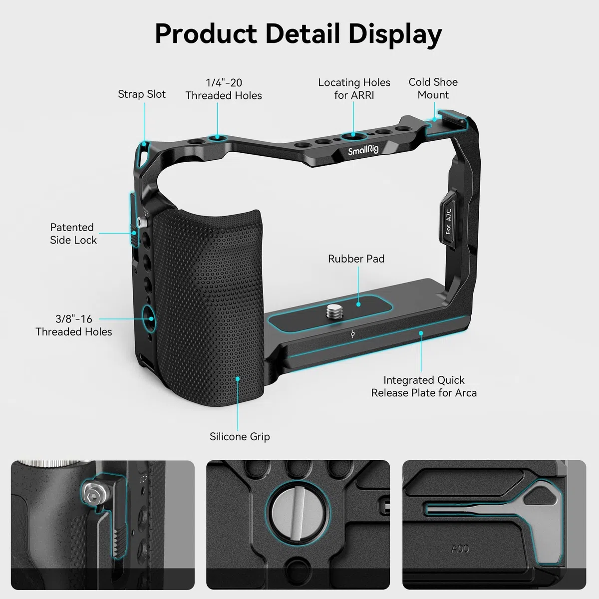 SMALLRIG A7C Cage avec Poignée Latérale en Silicone, Plaque à Dégagement Rapide pour Arca et Trous de Positionnement pour Arri, Support de Cold Shoe - 3212B