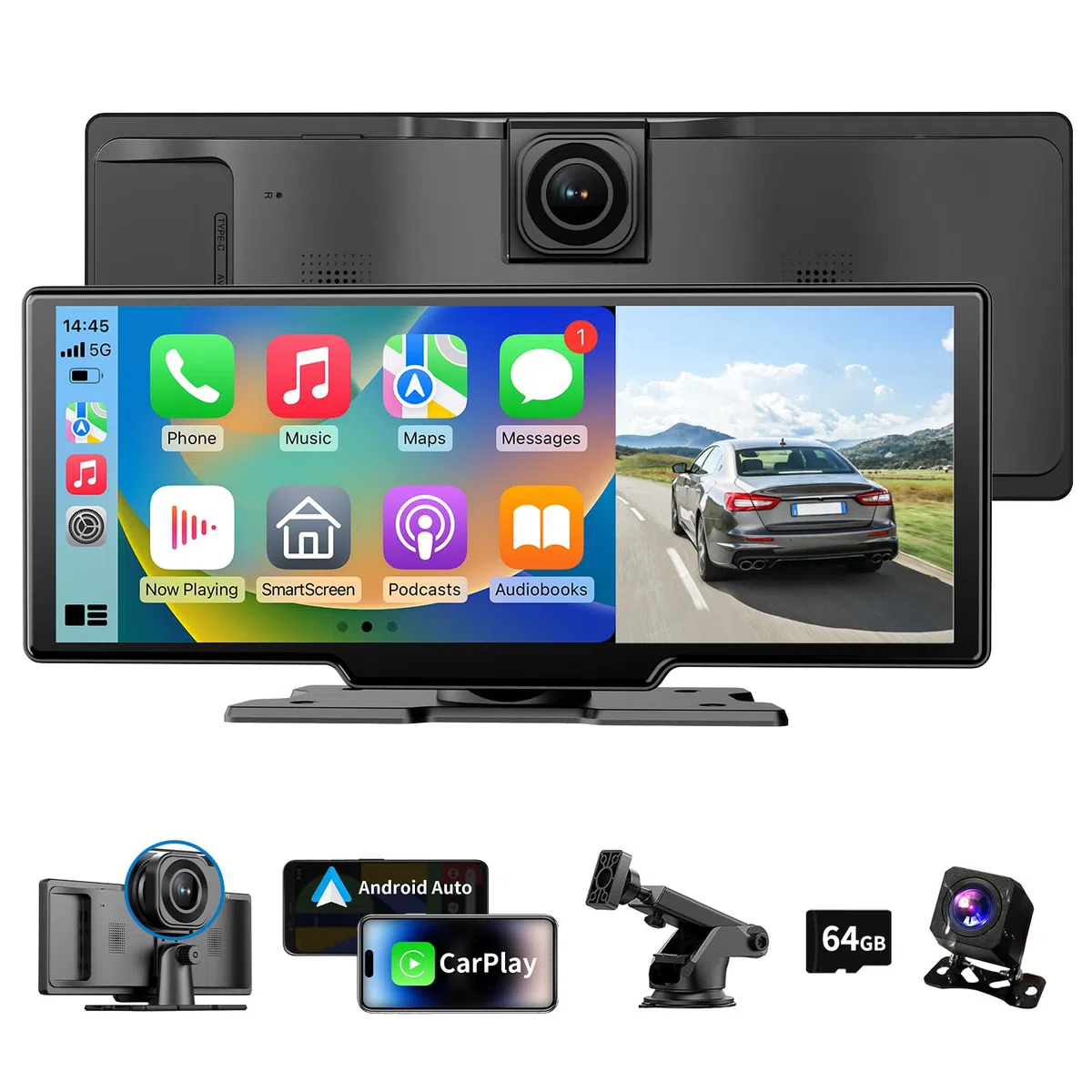 Écran Carplay sans Fil 4K 10,26 Pouces pour Voiture Android Carplay,écran de Voiture Android avec AUX/FM,Caméra embarquée,caméra de recul,Lien Miroir,Bluetooth,Navigation pour Tous Les véhicules