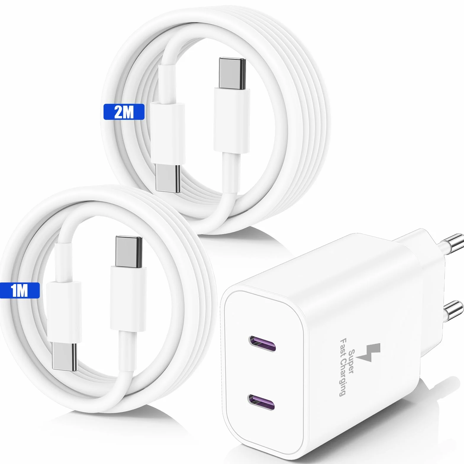 Chargeur Rapide USB C 45W 2 Ports pour iPhone 17 16 15 Pro Max avec Câble USB C 1M+2M Blanc