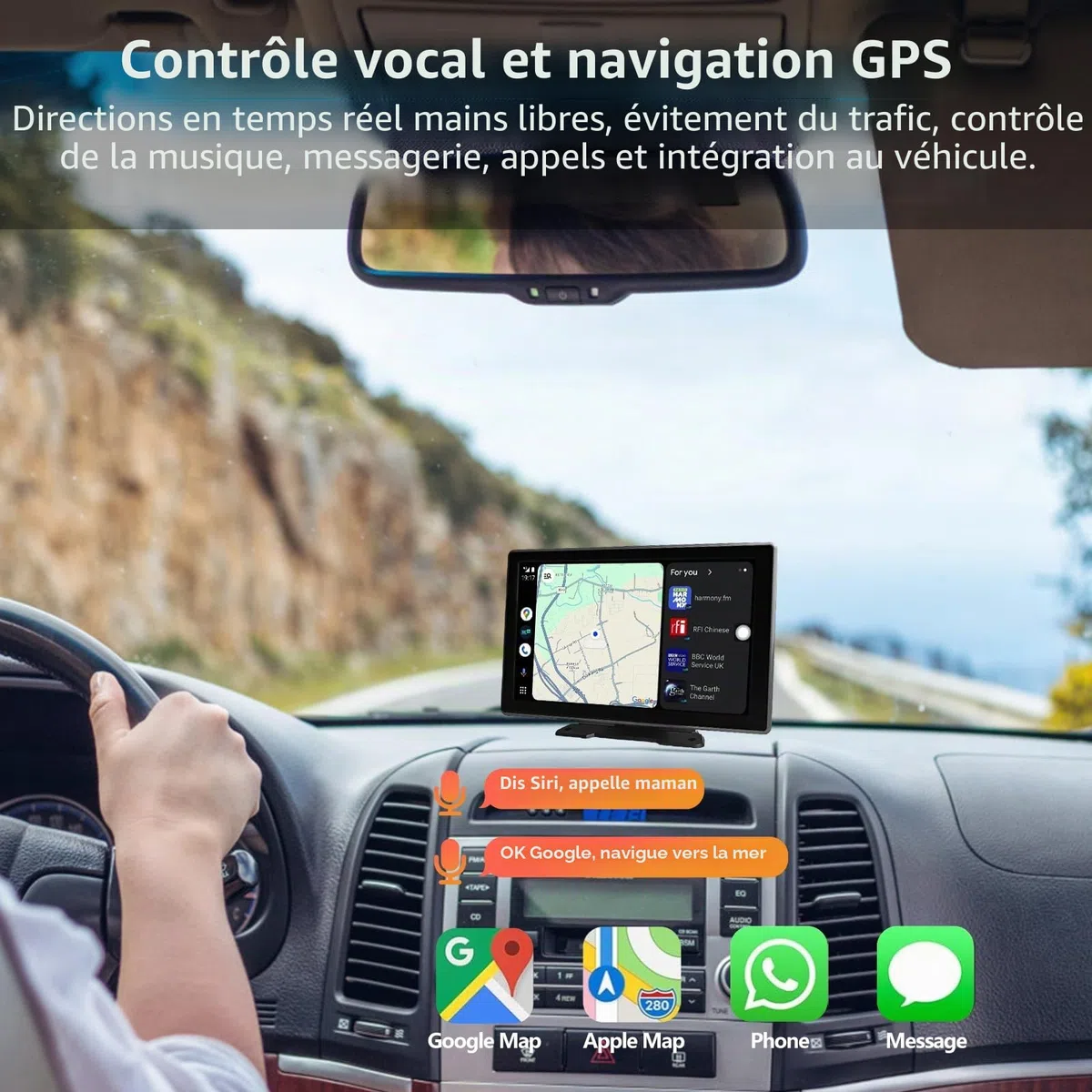Écran de voiture portable 9" CarPlay/Android Écran tactile IPS HD avec caméra embarquée 4K et caméra de recul 1080p, Commande vocale BT FM Mirror Link pour tous les véhicules