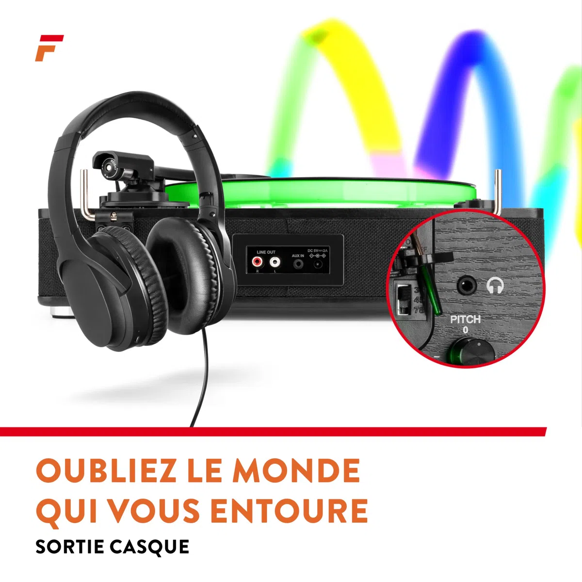 Fenton RP162LED Platine Vinyle LED BT avec Haut-Parleurs Intégrés - Noir, Lecture 33, 45 et 78 Tours, Émetteur & Récepteur BLT, Une Platine Moderne et Déco avec Son Plateau LED