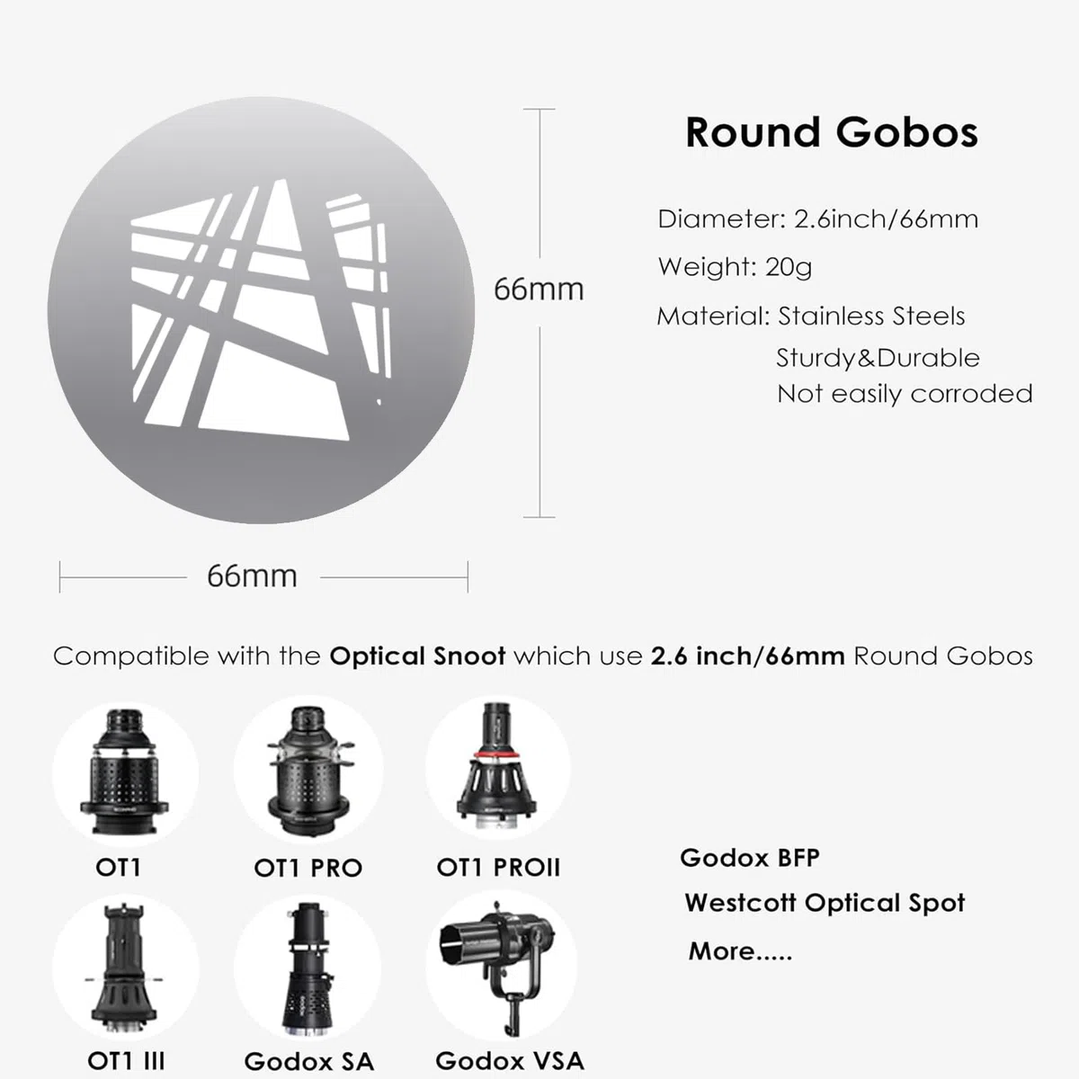 Kit de 18 Gobos ronds pour snoot optique, 66 mm, motifs de plaque métallique pour fixation de projecteur, compatible avec Godox BFP/OT1/OT1 Pro/II/Westcott Optical Spot/Aputure SE, pour portraits