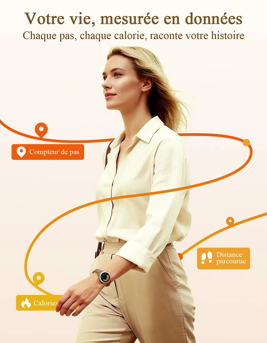 Montre Connectée Femme - Élégant Petit Poignet avec Écran AMOLED 1,19" Bracelet en Cuir Fin, Smartwatch avec Podometre, Cardiofrequencemetre/SpO2/Sommeil pour iOS/Android, Or Rose/Marron