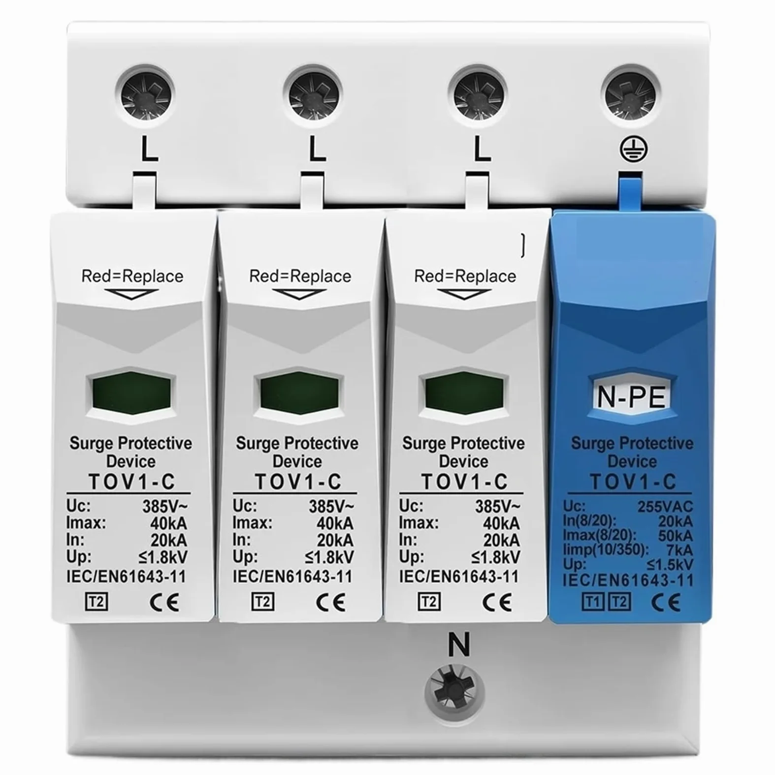 Parafoudre triphasé AC SPD 3P + NPE 20kA 50kA T2 275V/385V 255V, dispositif de protection basse tension TN-S/TN-CS