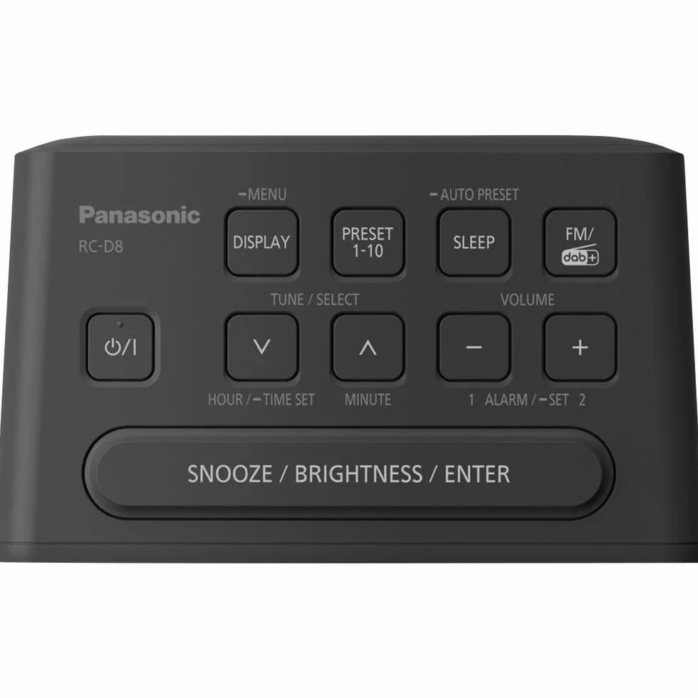 Panasonic Radio-réveil DAB/FM RC-D8EG-K I Fréquences : FM/DAB/DAB+ 1W USB Horloge Fonctionne sur secteur ou piles Fonction préréglage Fonction double alarme Ecran LCD noir - Version Française