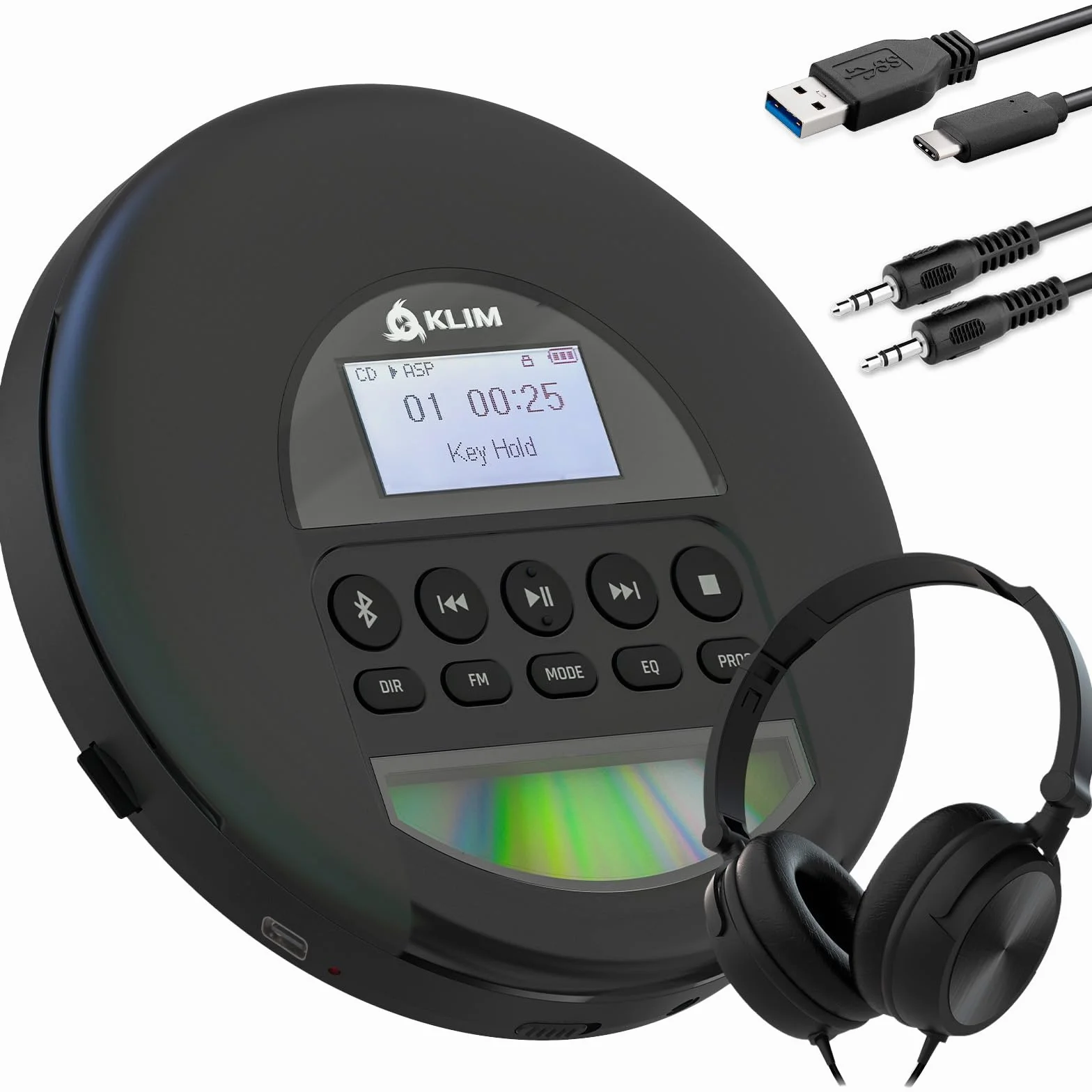 Nomad Lecteur CD Portable Bluetooth - Batterie Longue Durée - avec Casque | Écouteurs Inclus, Double Port Audio, Carte TF, Radio FM, Protection Anti-Saut, Câble AUX Voiture - Noir