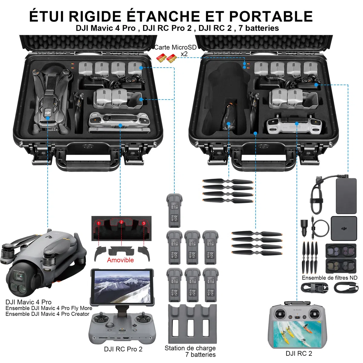 Lekufee Étui de transport rigide étanche pour drone DJI Mavic 4 Pro, Creator Combo, Fly More Combo, DJI RC Pro 2/RC 2, batterie (7 pièces), concentrateur de charge et autres accessoires (étui