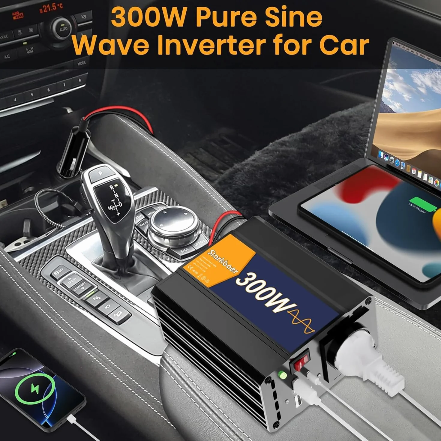 Convertisseur Voiture 12V 230V Pure Sinus 300W Onduleur Allume-Cigare USB | Onduleur avec Prise Allume-Cigare, 4 Ports USB & Boîtier en Aluminium. Idéal pour Recharge de Téléphone & Voyages en Auto