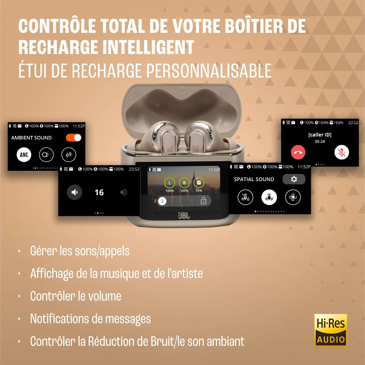 JBL Tour Pro 3, Écouteurs sans Fil avec Réduction de Bruit, Marron | Smart Charging Case, 44 Heures d’Autonomie, Bluetooth 5.3, JBL Spatial 360 Sound avec Suivi des Mouvements de la Tête