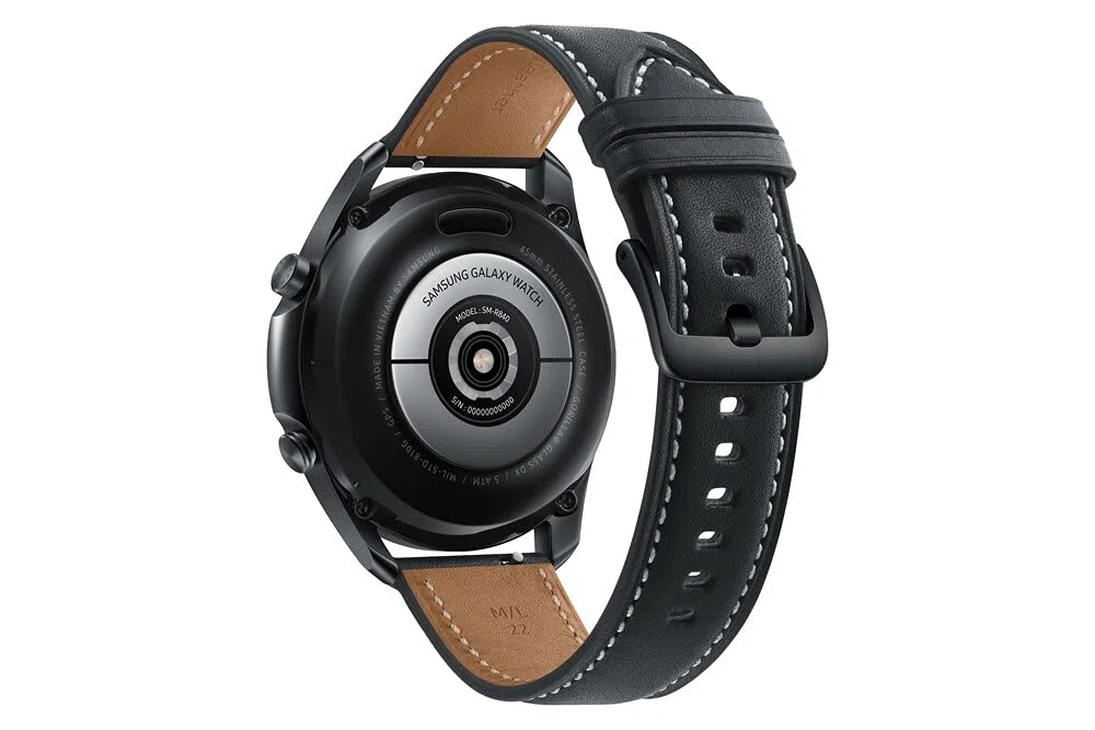 Samsung Galaxy Watch3 Montre connectée Bluetooth, boîtier 45 mm Acier, Bracelet en Cuir, détection de Chute, Suivi du Sport, 53,8 g, Batterie 340 mAh, IP68, Mystic Black Version FR