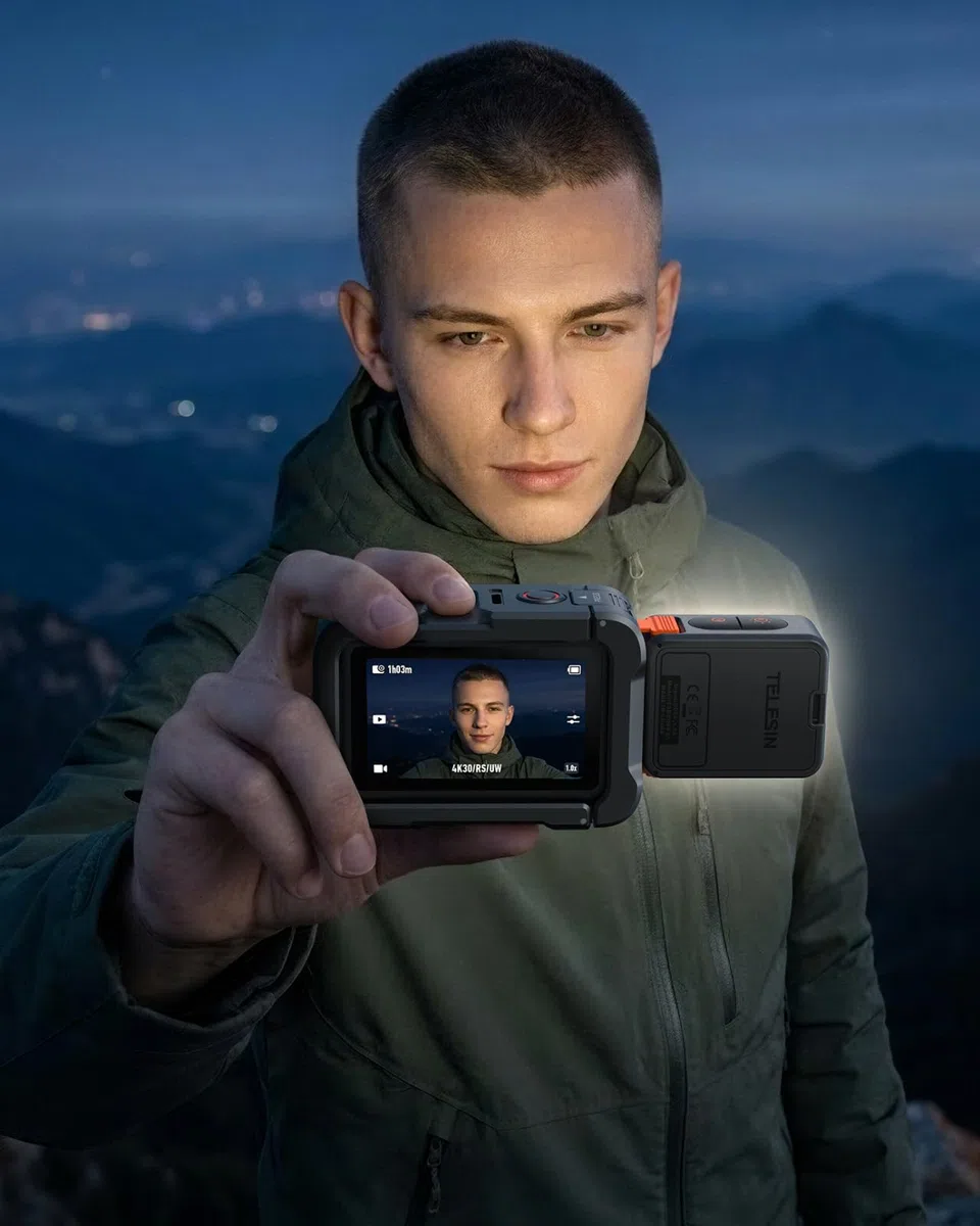 TELESIN Étui de protection en alliage d'aluminium pour DJI Osmo Action 6 avec lumière LED magnétique, boîtier en métal à dégagement rapide de type cage de lapin, vis 1/4" et sabot Cold Shoe, pour vlog