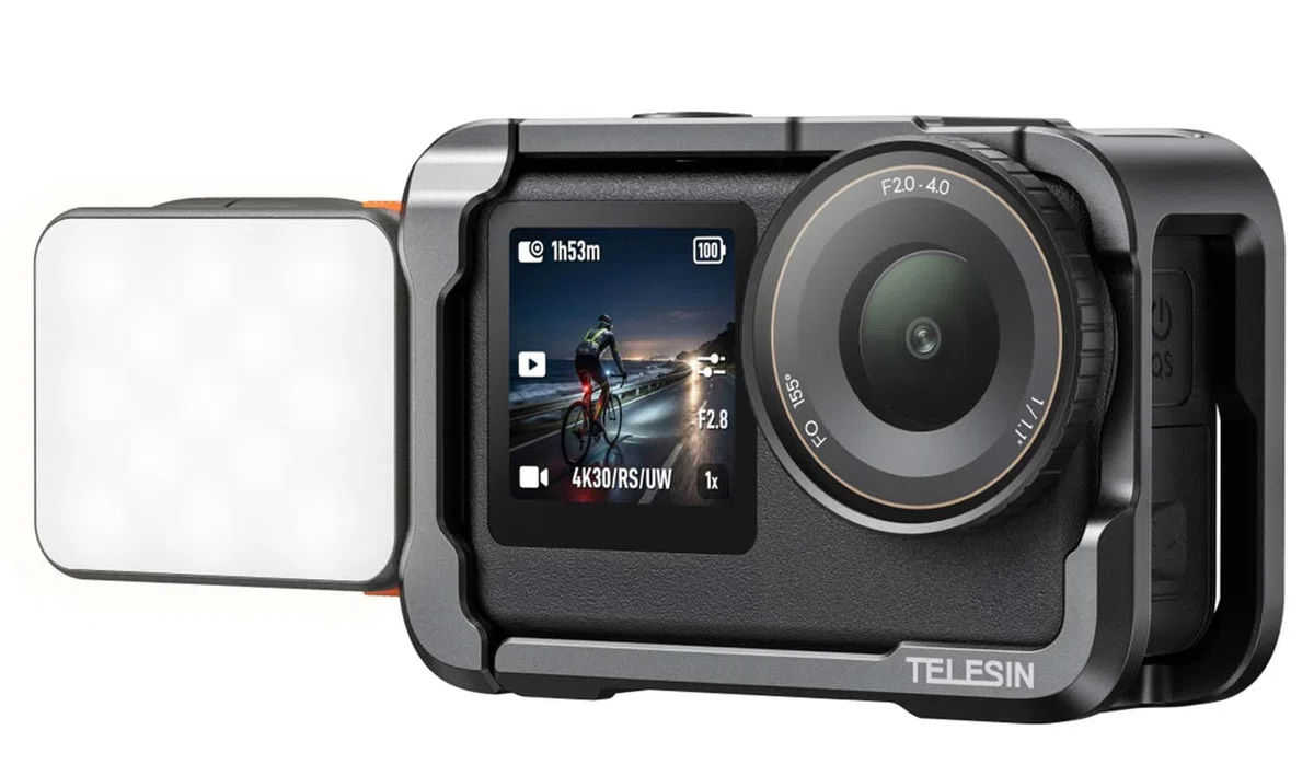 TELESIN Étui de protection en alliage d'aluminium pour DJI Osmo Action 6 avec lumière LED magnétique, boîtier en métal à dégagement rapide de type cage de lapin, vis 1/4" et sabot Cold Shoe, pour vlog
