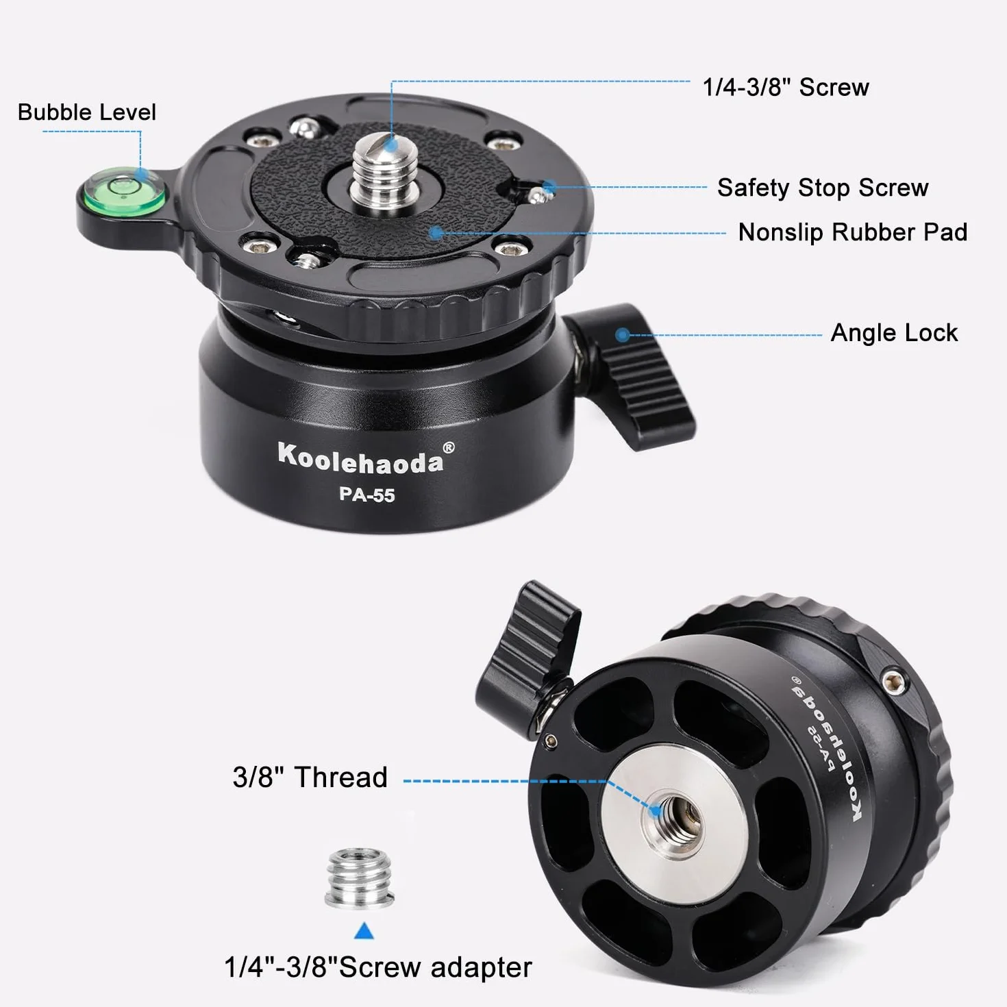 Koolehaoda PA-55 Tête de Nivellement pour Appareil Photo, Aluminium Fraisé CNC Base de Nivellement avec Filetage de 1/4 et Niveau à Bulle décalé,Charge Max 10kg