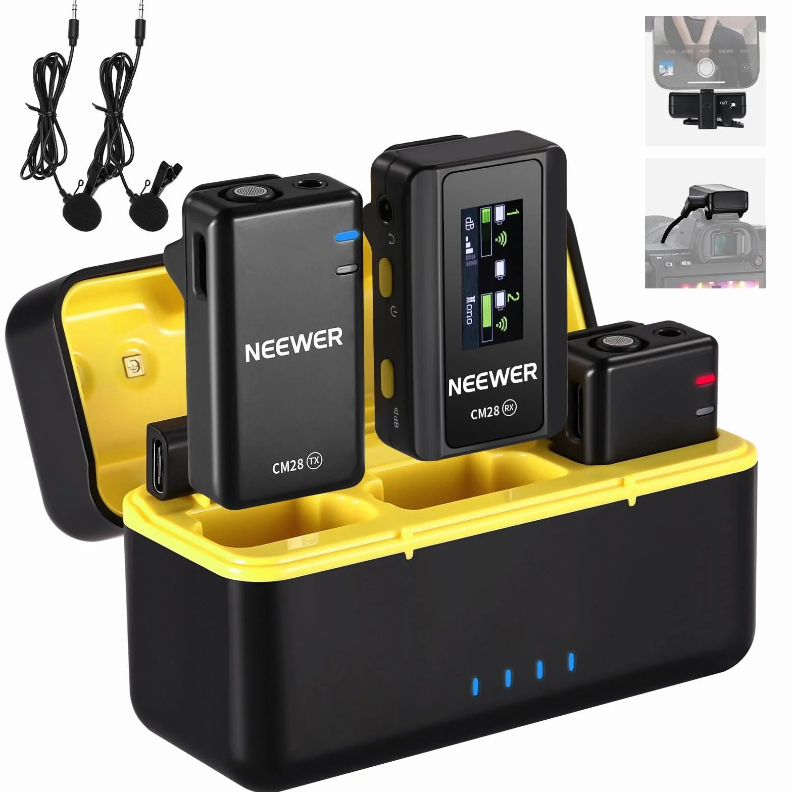 NEEWER CM28 Système de microphone sans fil Lavalier avec étui de chargement, 2 clips de micro, stockage de 4 Go, autonomie de 9 heures, micro-cravate compatible avec iPhone/Android/PC/appareil photo
