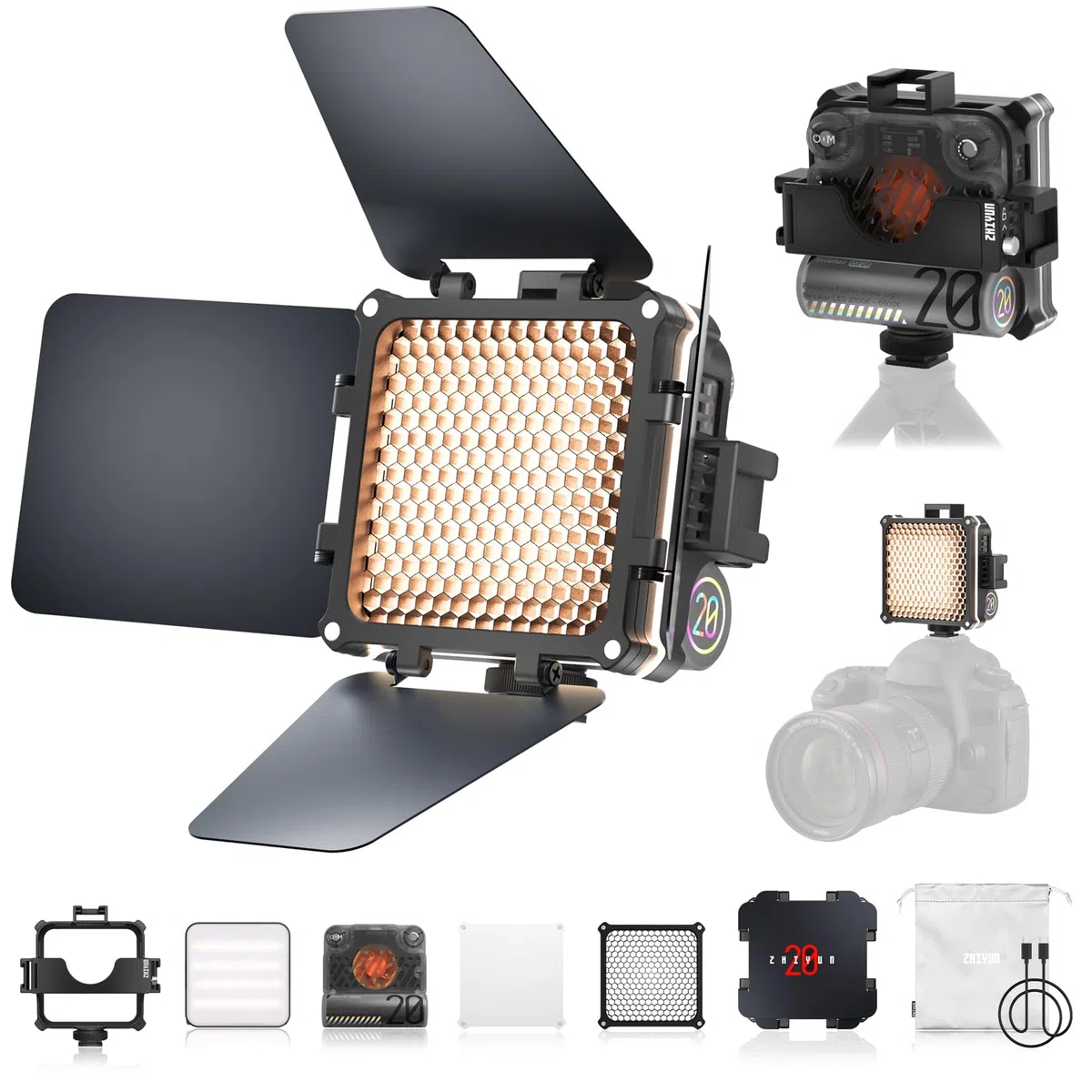 ZHIYUN Fiveray M20 Combo [Official] Lumiere Video 20W, Bi-Color LED Eclairage Video, Streaming Lampe Magnetique avec 2010 Lux/ 2700~6500K/ 4500mAh/ CRI 95+, avec Grille/Diffuseur/Porte de Grange/Sac
