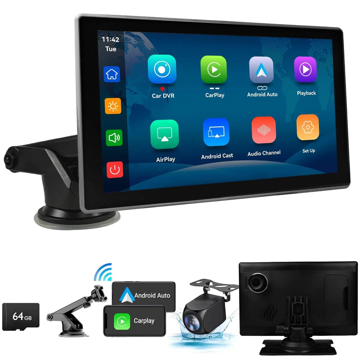 Écran de voiture portable 9" CarPlay/Android Écran tactile IPS HD avec caméra embarquée 4K et caméra de recul 1080p, Commande vocale BT FM Mirror Link pour tous les véhicules