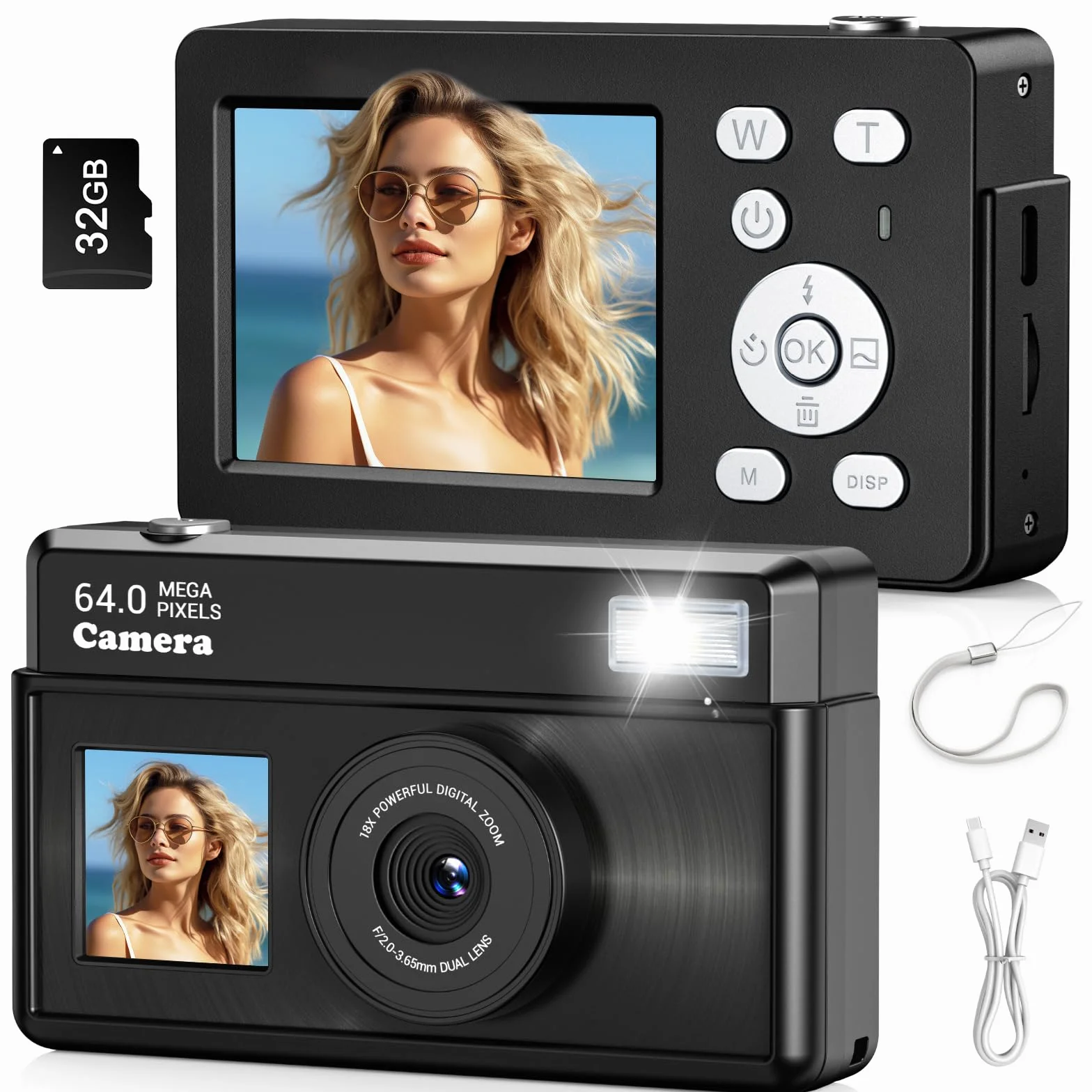 Appareil Photo Numérique, 4K 64MP Autofocus Appareil Photo Compact, Écran IPS 2,8", Digital Caméra avec Carte 32GB, 18X Zoom et Anti-Vibration, Camera pour Vlog Adolescents Adulte Débutant