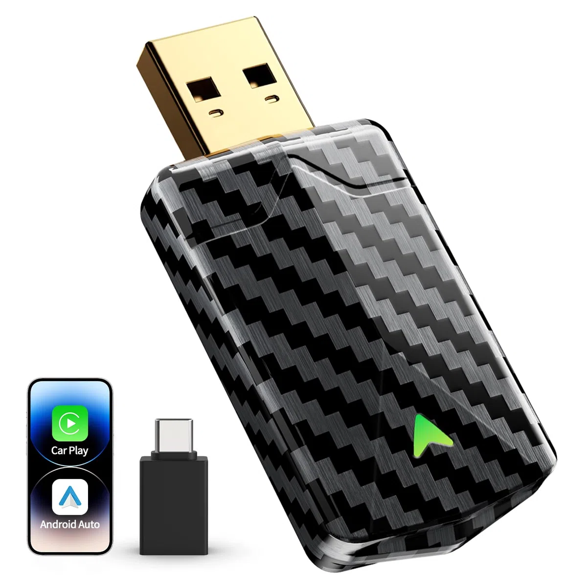 Mini Adaptateur sans Fil pour Apple CarPlay et Android Auto, Noir fumé | Métal USB C, Convertisseur CarPlay Filaire en Sans Fil, pour iPhone iOS 10+ et Android 10+, Longs Trajets, Trajets Quotidiens