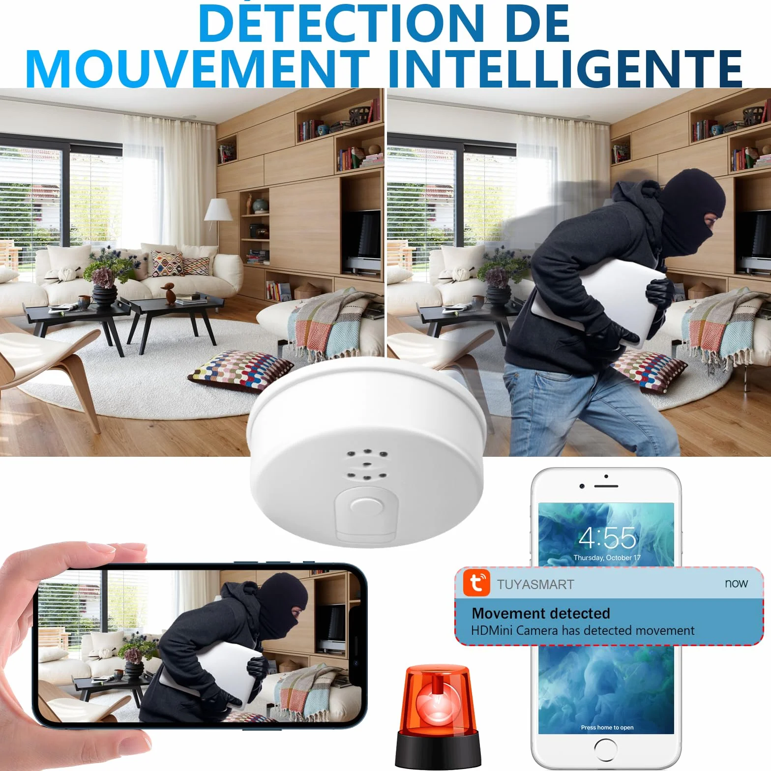 Caméra Cachée Wifi, Détecteur de Fumée Caméra Espion, Caméra Cachée Espion | Mini Caméra Cachée Espion Wifi 2.4 & 5Ghz avec Vision Nocturne et Détection de Mouvement pour APP Vue à Distance