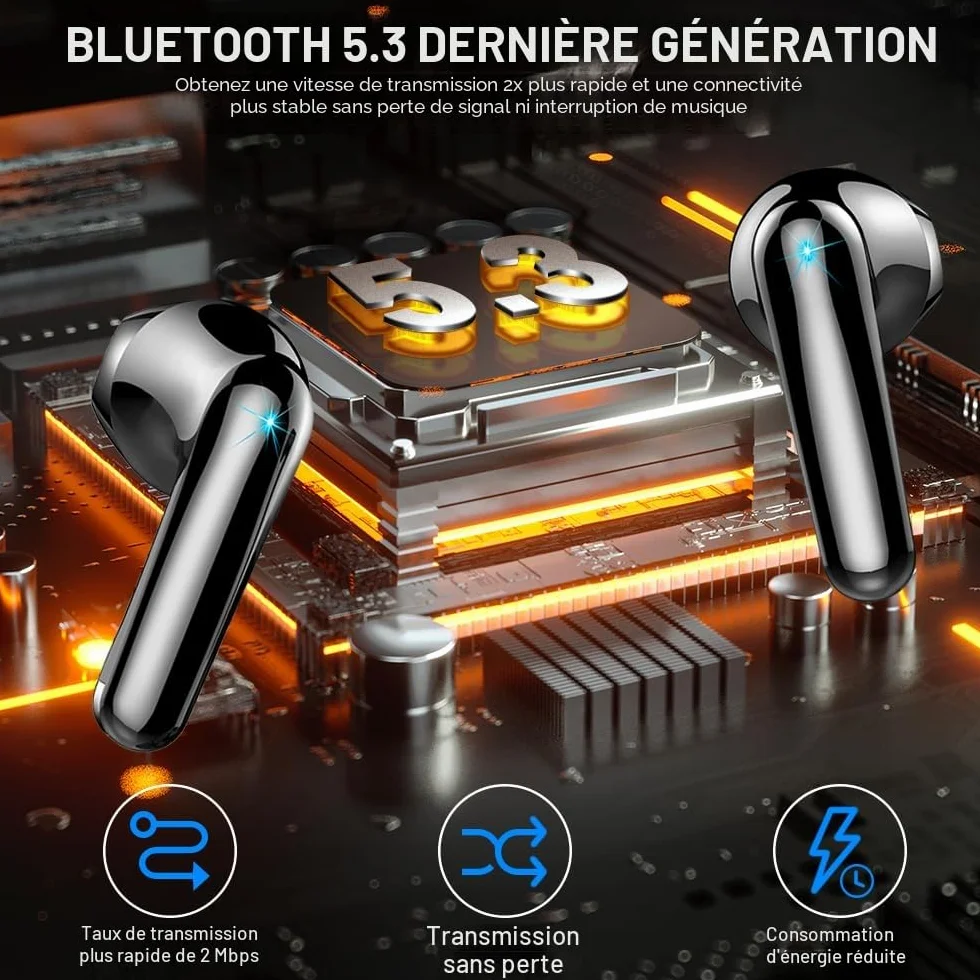 Écouteurs Bluetooth sans Fil 5.3, HiFi Stéréo Basses, 50H Autonomie, 4 ENC Réduction de Bruit, IP7 Étanche, Écran LED
