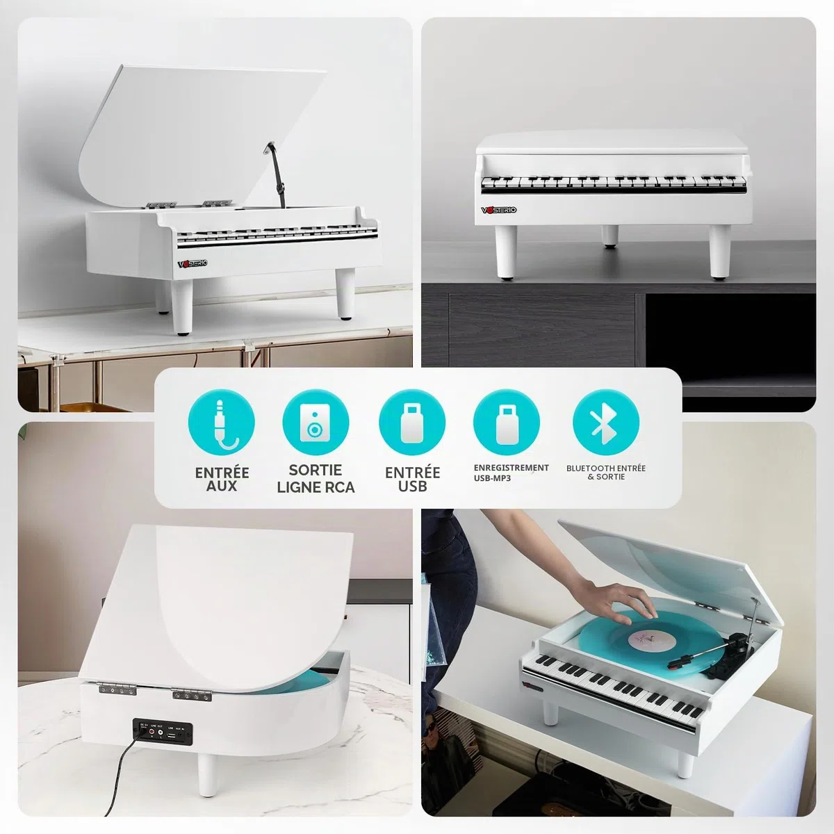 Vosterio Tourne-disque vinyle à 3 vitesses avec haut-parleurs stéréo intégrés, tourne-disque avec fonction de réception Bluetooth et sortie Bluetooth, lecteur USB, vinyle vers MP3, blanc