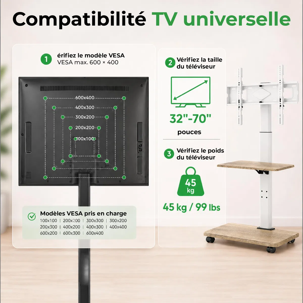Delphos Support TV Mobile avec Socle en Bois, Meuble TV à roulettes 32-70" jusqu'à 45 kg, Chariot Meuble TV réglable en Hauteur jusqu'à env. 130 cm, Rotatif ±25° Max. VESA 600x400 Blanc
