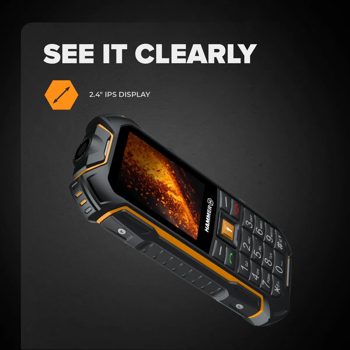 Hammer Boost 2 LTE Téléphone incassable 4G IP68, téléphone Portable Senior à Grandes Touches, Lampe Torche, écran 2,4", Dual SIM, Batterie 3500 mAh, Noir Orange