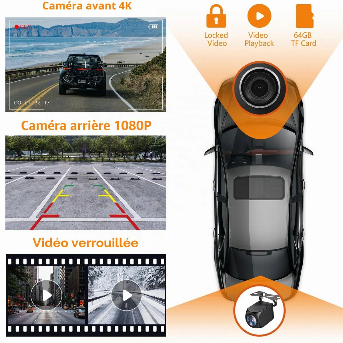Écran de voiture portable 9" CarPlay/Android Écran tactile IPS HD avec caméra embarquée 4K et caméra de recul 1080p, Commande vocale BT FM Mirror Link pour tous les véhicules