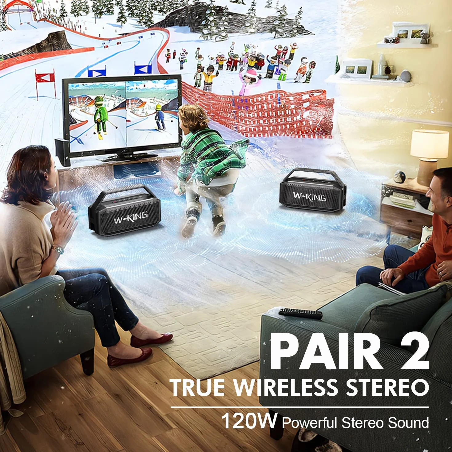 W-KING Enceinte Bluetooth Puissante, 60W(100W Peak) Portable Haut-Parleur Bluetooth étanche Chantier sans Fil, Basses Profondes/Batterie externe/appairage/40H/TF/AUX/EQ, Grand Fête Extérieur Boombox | 108dB Deep Bass, 60W Chantier Portable sans Fil Blueto