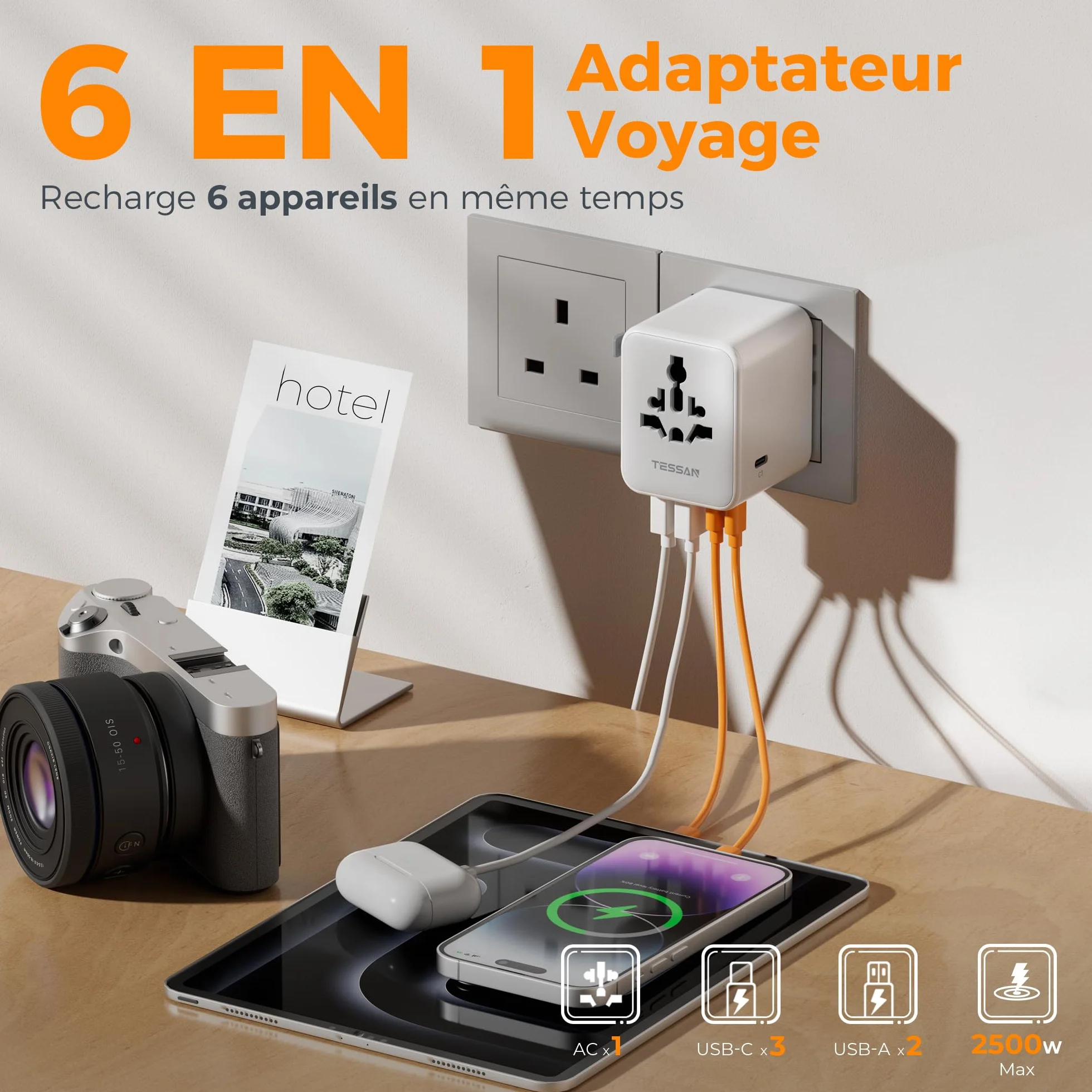 TESSAN Adaptateur Prise Universelle Voyage 5 USB 28W International France vers USA Angleterre Thaïlande Japon Australie Chine