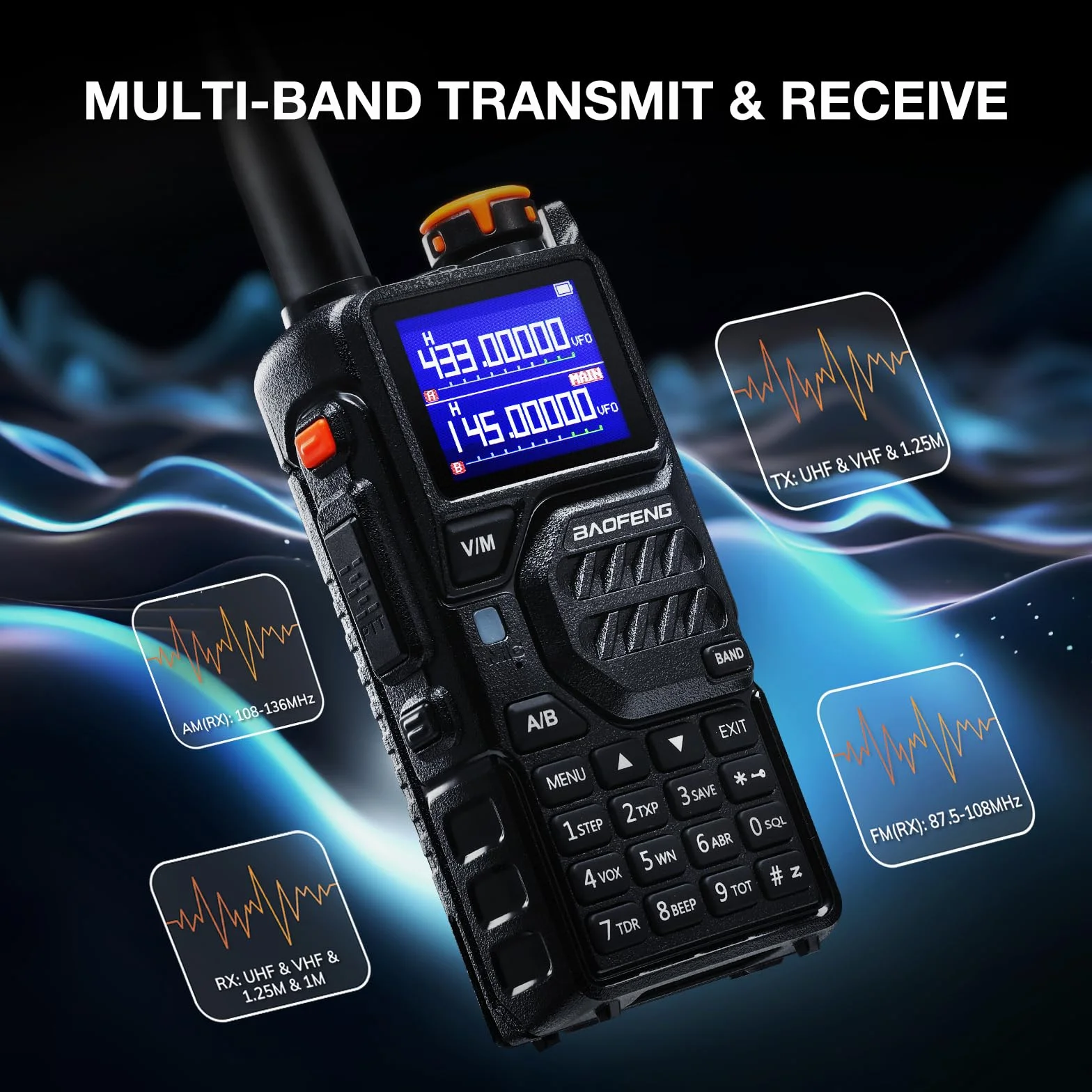 BAOFENG K5PLUS Radio Amateur tri-Bande Longue portée, UHF VHF 1,25 M Radio bidirectionnelle portative 10 W Tri-Power avec Bande aérienne, Batterie 2500 mAh, 999 canaux, Copie de fréquence, brouillage