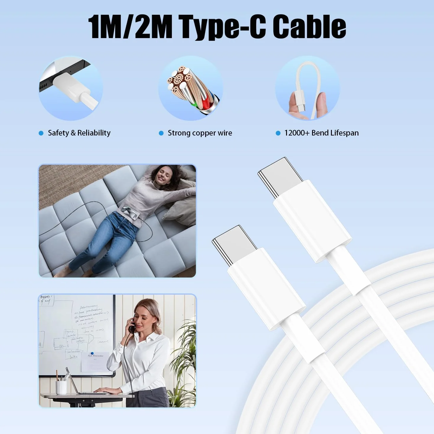 Chargeur Rapide USB C 45W 2 Ports pour iPhone 17 16 15 Pro Max avec Câble USB C 1M+2M Blanc