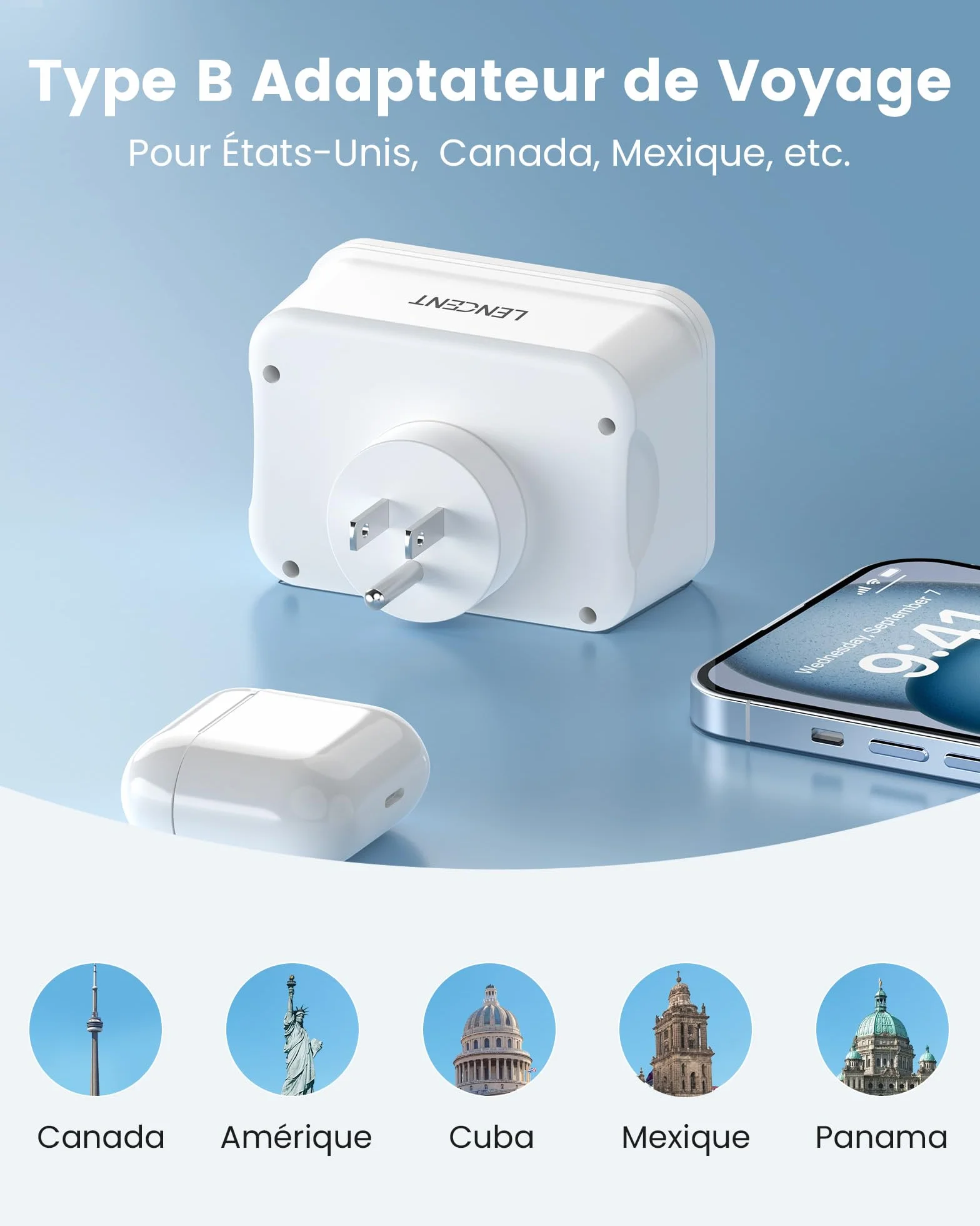LENCENT Adaptateur de Voyage Type B 6 en 1 USA Canada Mexique Thaïlande Prise Française 2 Prises AC 2 Ports USB-A 2 Ports USB-C