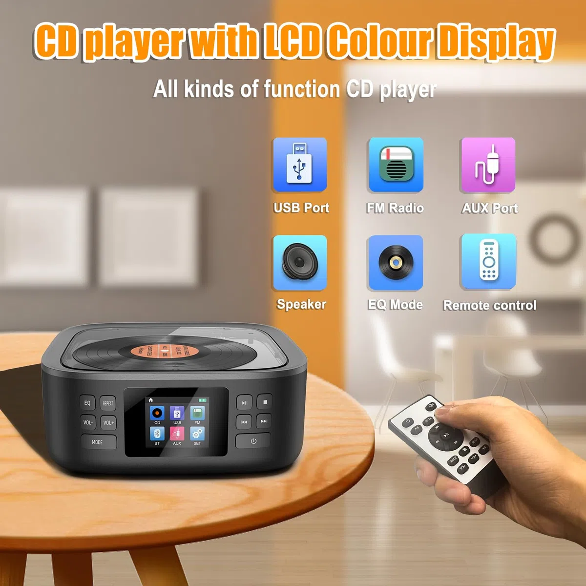 Lecteur CD Portable Bluetooth Rechargeable avec Enceinte Télécommande Audio | Lecteur CD Boombox avec Haut Parleur Radio FM Écran Led Stéréo en Charge AUX3.5mm/USB Prise Casque pour Enfant Maison Voiture