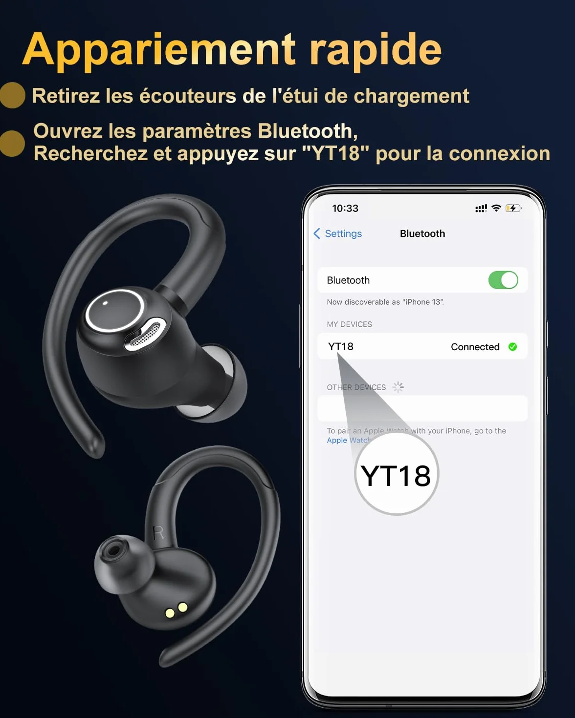 Ecouteurs Bluetooth sans Fil Sport 2026 HiFi Stéréo ENC IP7 Étanche 40H Noir