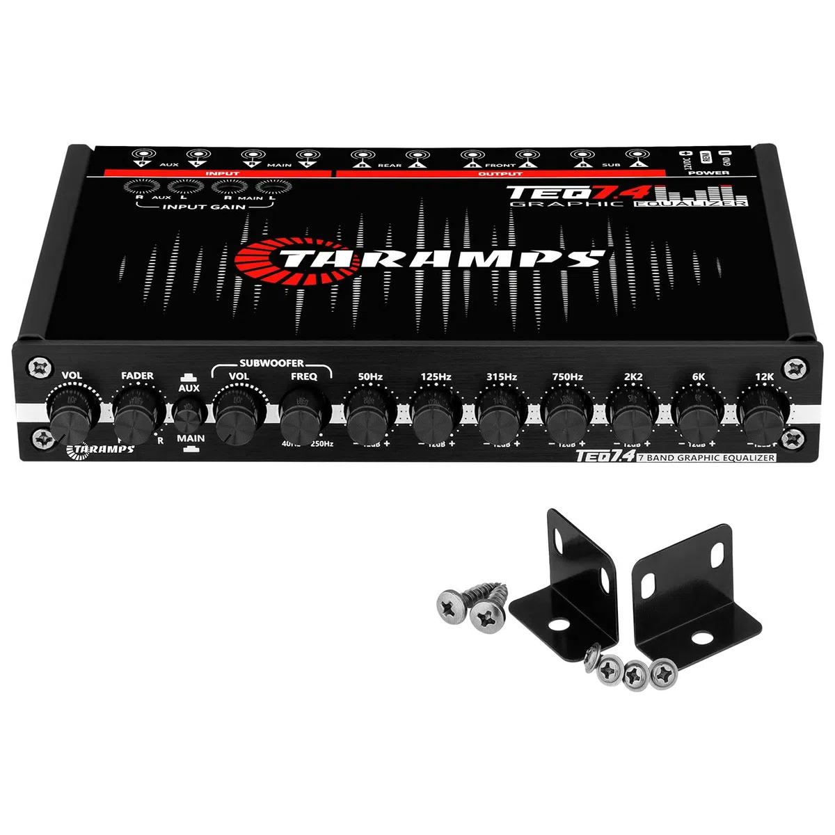 Taramps TEQ 7.4 Égaliseur Graphique stéréo 7 Bandes pour Voiture Entrée/Sortie RCA, Gain auxiliaire, contrôle du Fader, 2 canaux d'entrée, 3 canaux de Sortie, égaliseur de Son LED Bleue