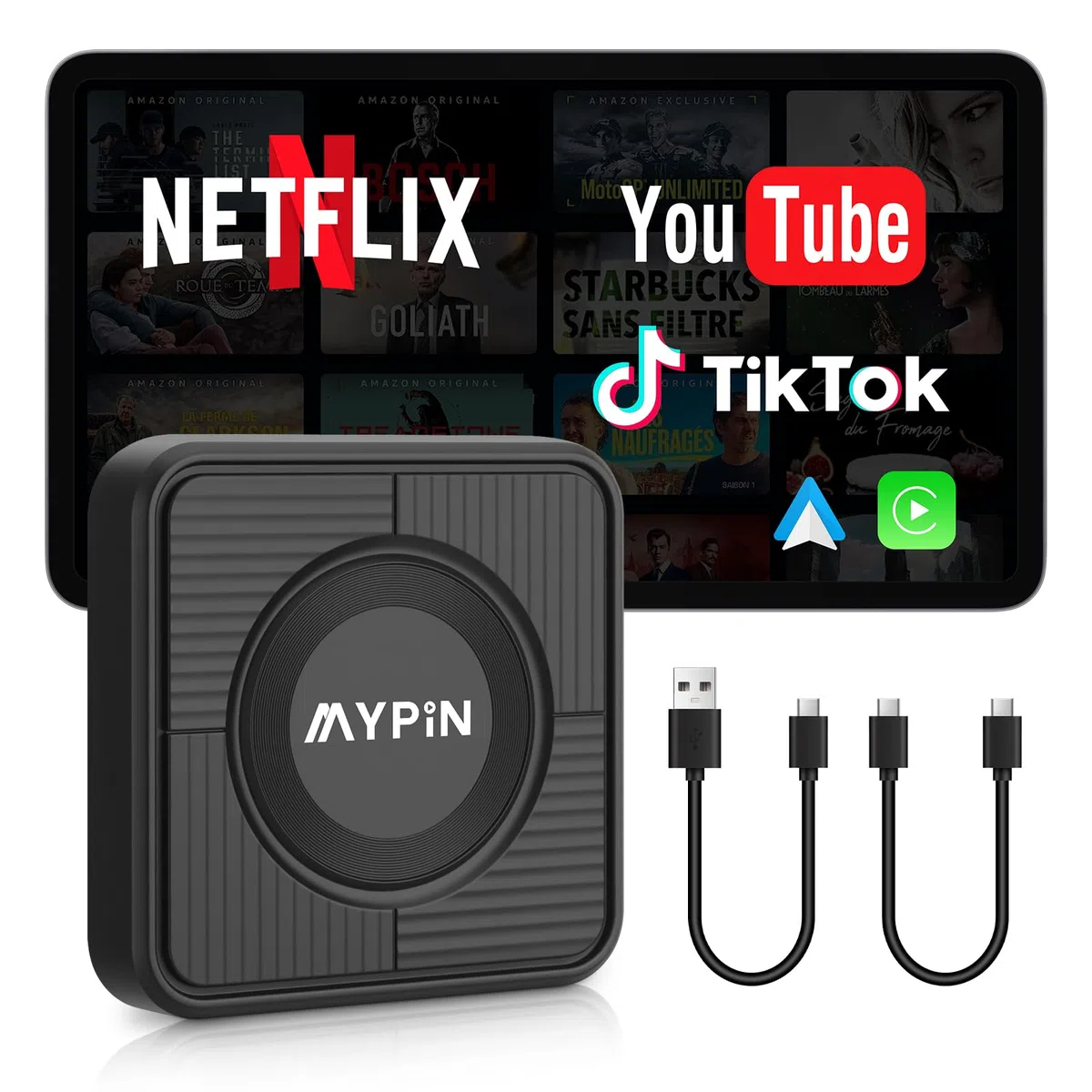 MYPIN Adaptateur CarPlay sans Fil 3-en-1, Convertisseur Le Filaire en sans Fil | Plug and Play | USB Type-C et Type A | pour iPhone et Android (Noir) | Prise en charge Netflix/YouTube et fente pour carte TF, Plug & Play, compatible avec USB Type-C/A, pour
