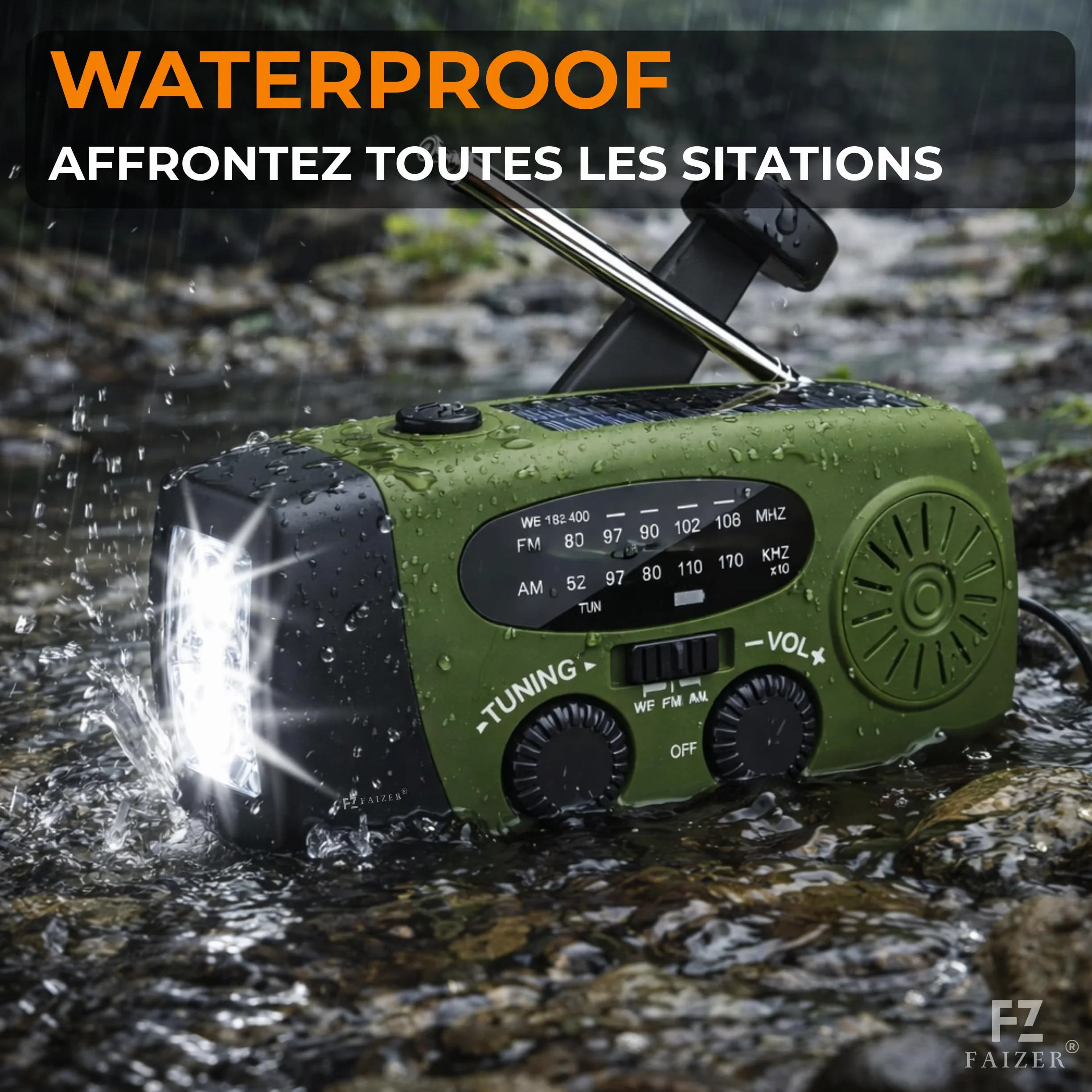Radio Portable Urgence AM/FM/WB Auto-alimentée 2000mAh Dynamo Lampe SOS Powerbank Camping Randonnée Vert