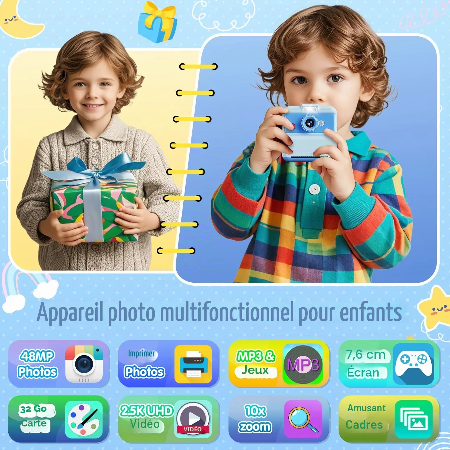 CAMCLID Appareil Photo Instantané Enfants 48MP 2,5K UHD avec Carte 32GB