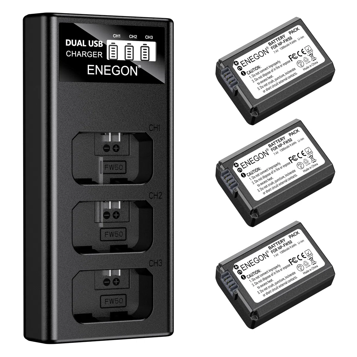 ENEGON NP-FW50 Lot de 3 batteries 1300 mAh et chargeur LCD 3 baies pour Sony Alpha A6000 A6300 A6400 A6500 ZV-E10 7RM2 A7SM2 A7M2 A7 II A7R II A7S II A5000 A5100 A5100 3000 g. RX10 II III IV NEX-3/5
