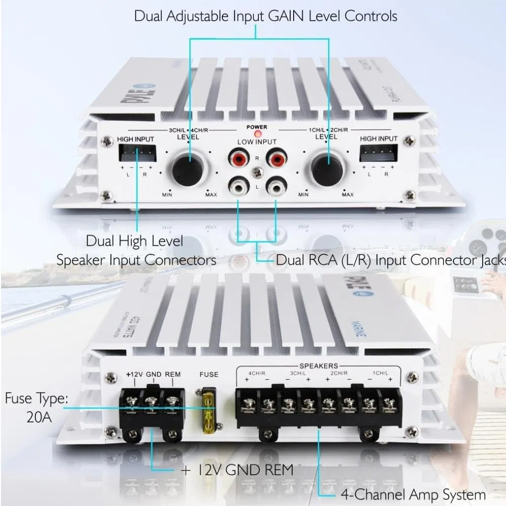 KIT SET POUR PYLE PLMRA410BT 1 Amplificateur marin 4 canaux, classe AB, 4 x 100 watts max, étanche, connectivité Bluetooth 2.1, pour piscines, bateaux, bateaux, 1 pièce + câbles gratuits