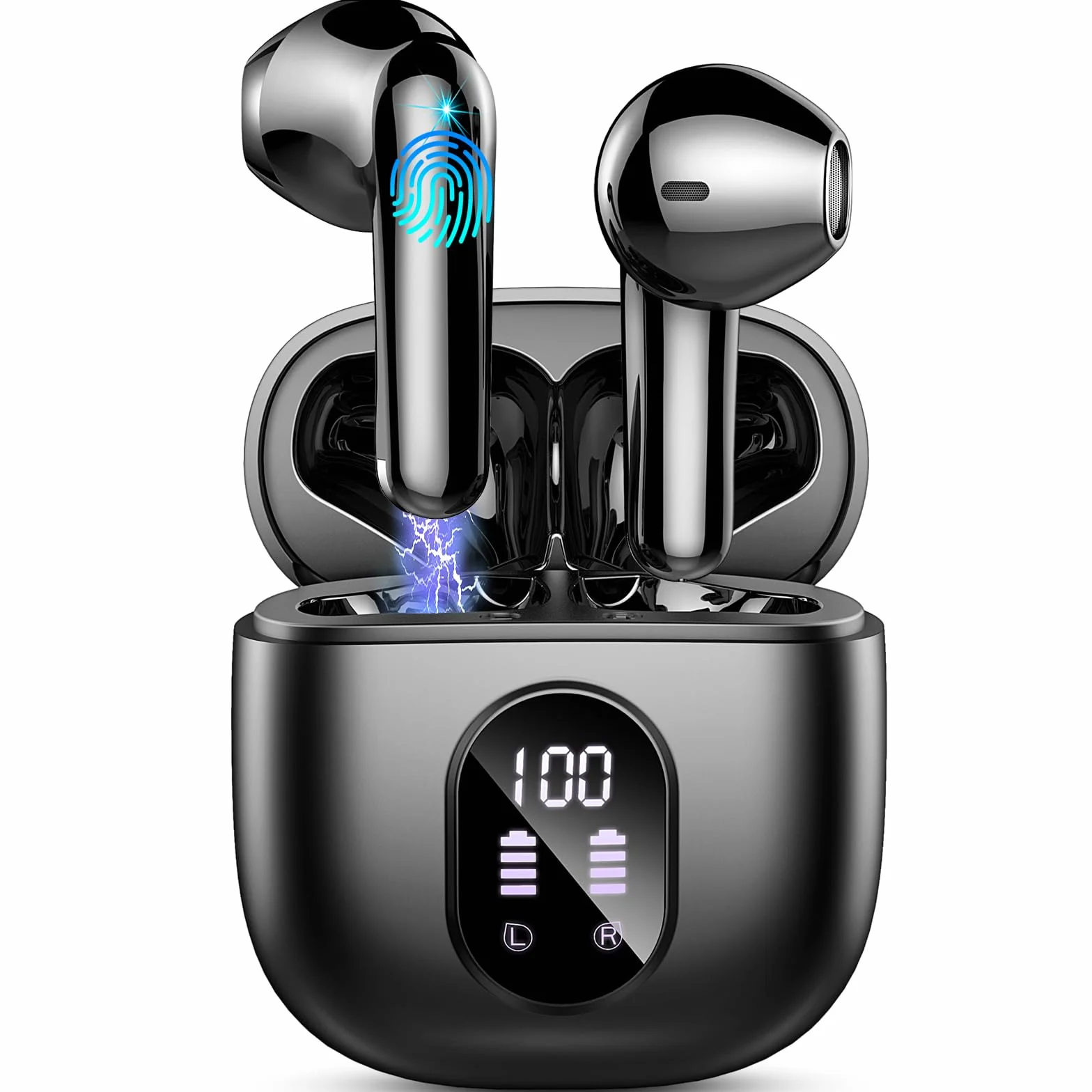 Écouteurs Bluetooth sans Fil 5.3, HiFi Stéréo Basses, 50H Autonomie, 4 ENC Réduction de Bruit, IP7 Étanche, Écran LED