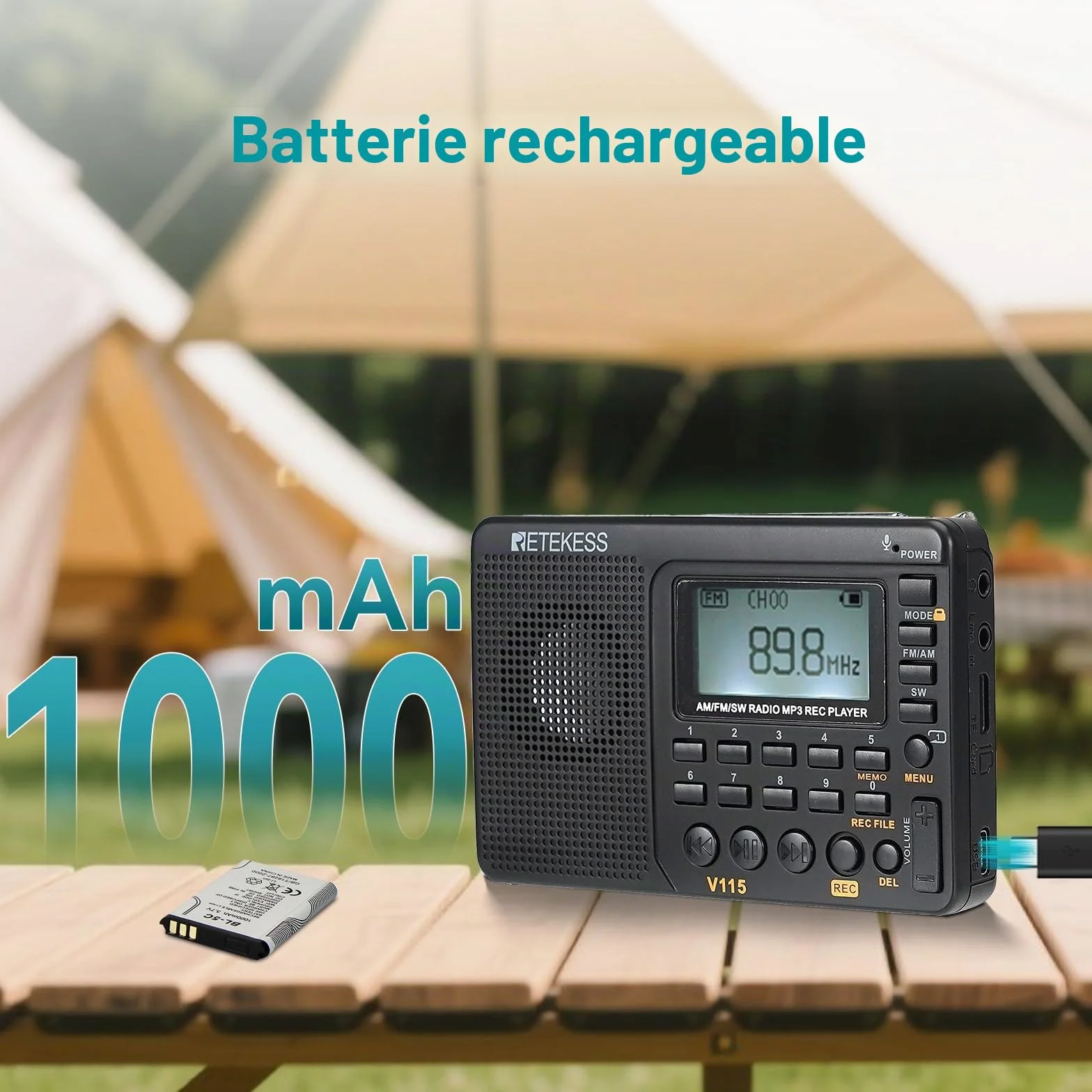 Retekess V115 Radio Portable FM AM SW Rechargeable Piles Secteur Carte TF Enregistreur MP3 Noir