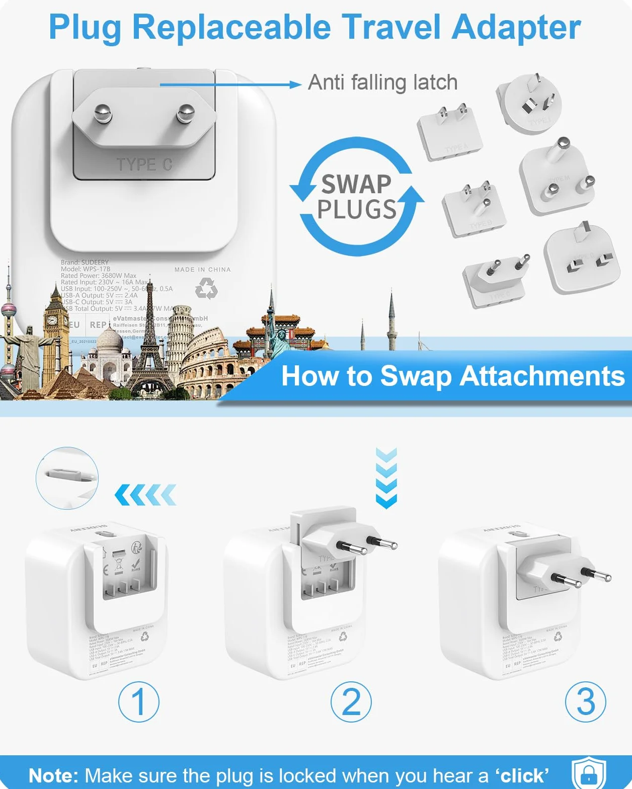 Adaptateur de Voyage Universel 6 Prises Internationales USB A USB C USA UK EU AUS Japon Afrique du Sud