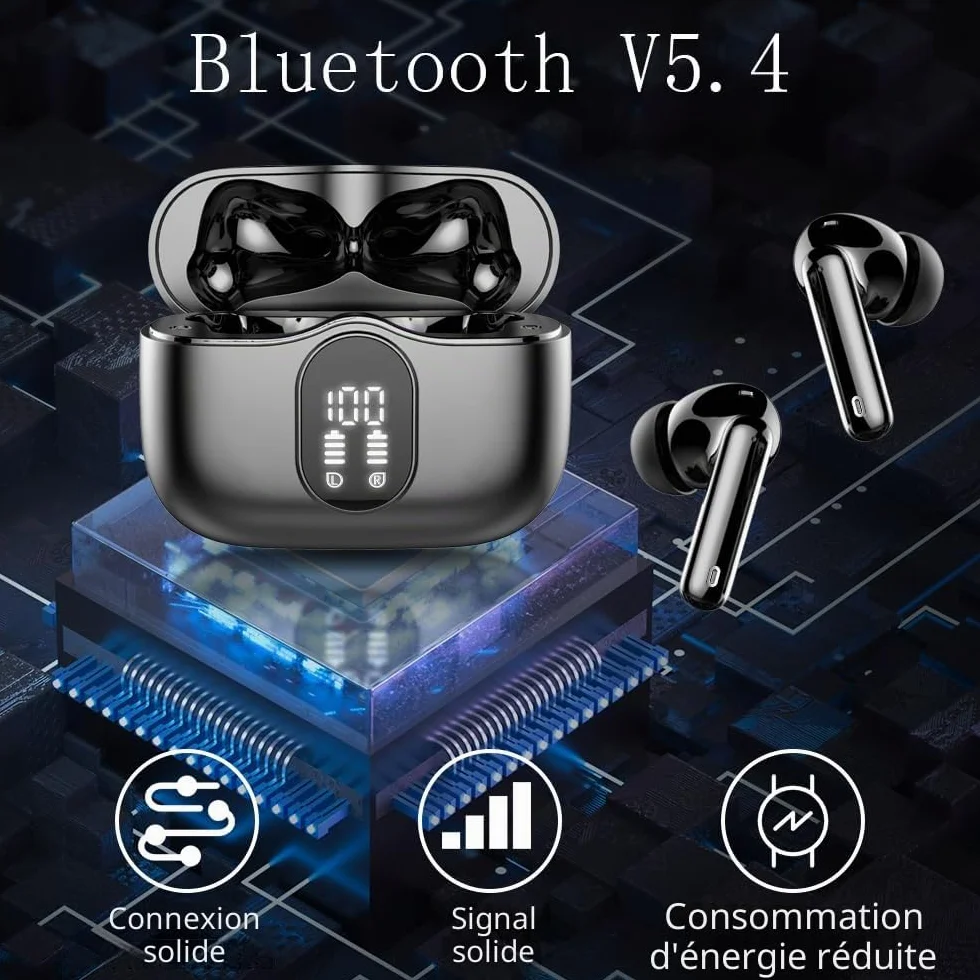 Btootos Écouteurs Bluetooth 5.3 sans Fil avec Réduction Antibruit ENC, Hi-Fi Stéréo, 36 Heures, IP7 Étanche, Écran LED, Contrôle Tactile